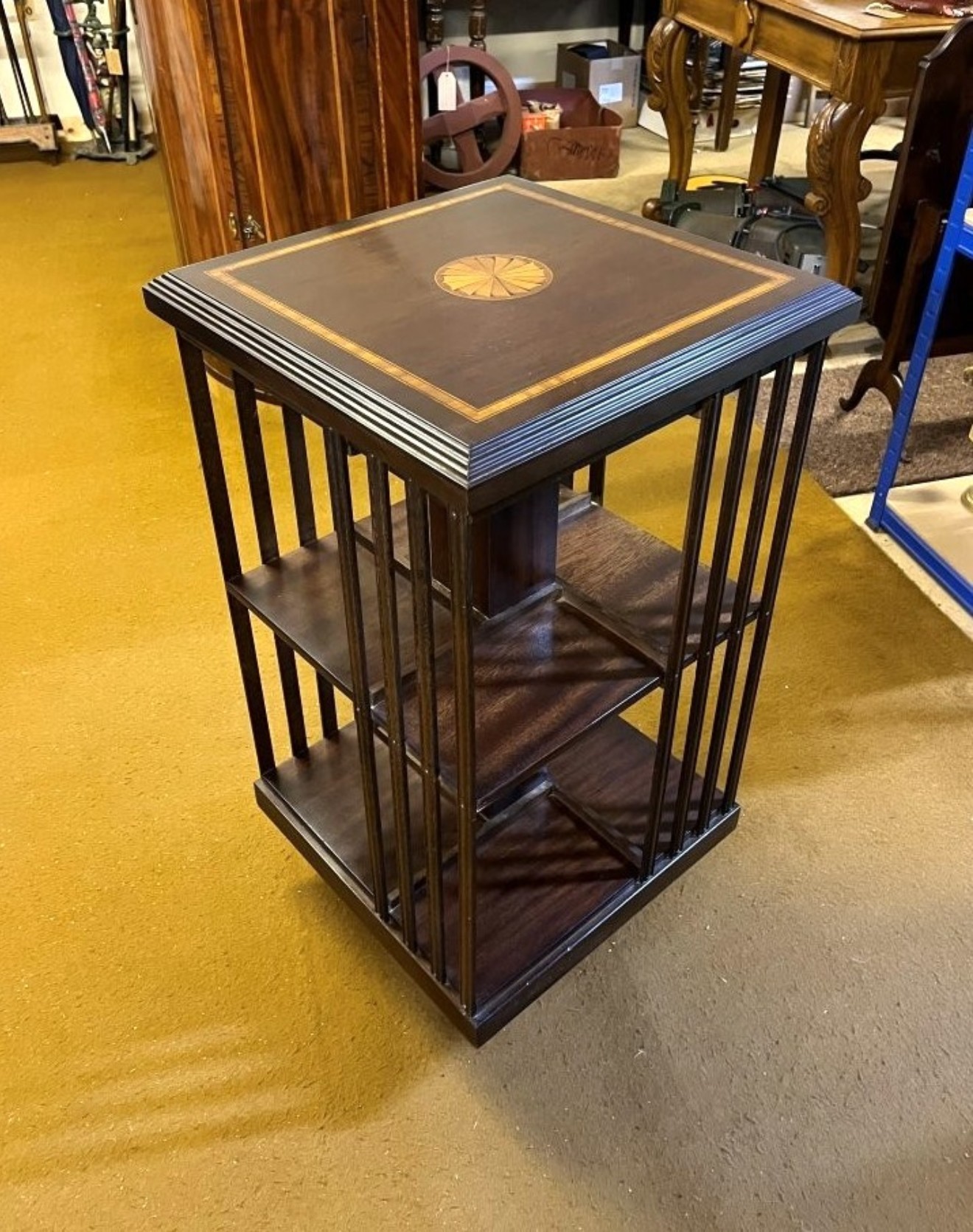 Mid Century Mahogany Inlaid Revolving Bookcase