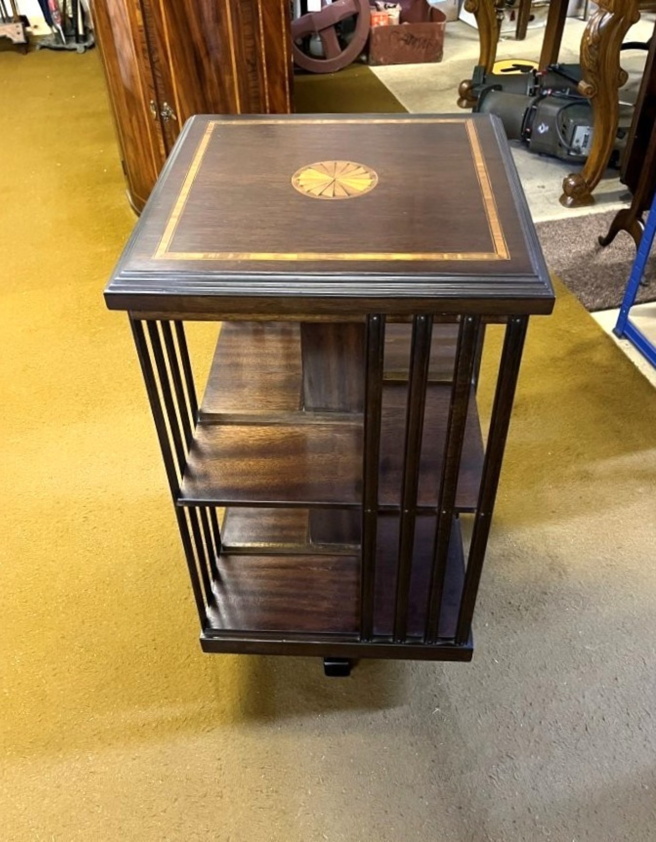 Mid Century Mahogany Inlaid Revolving Bookcase