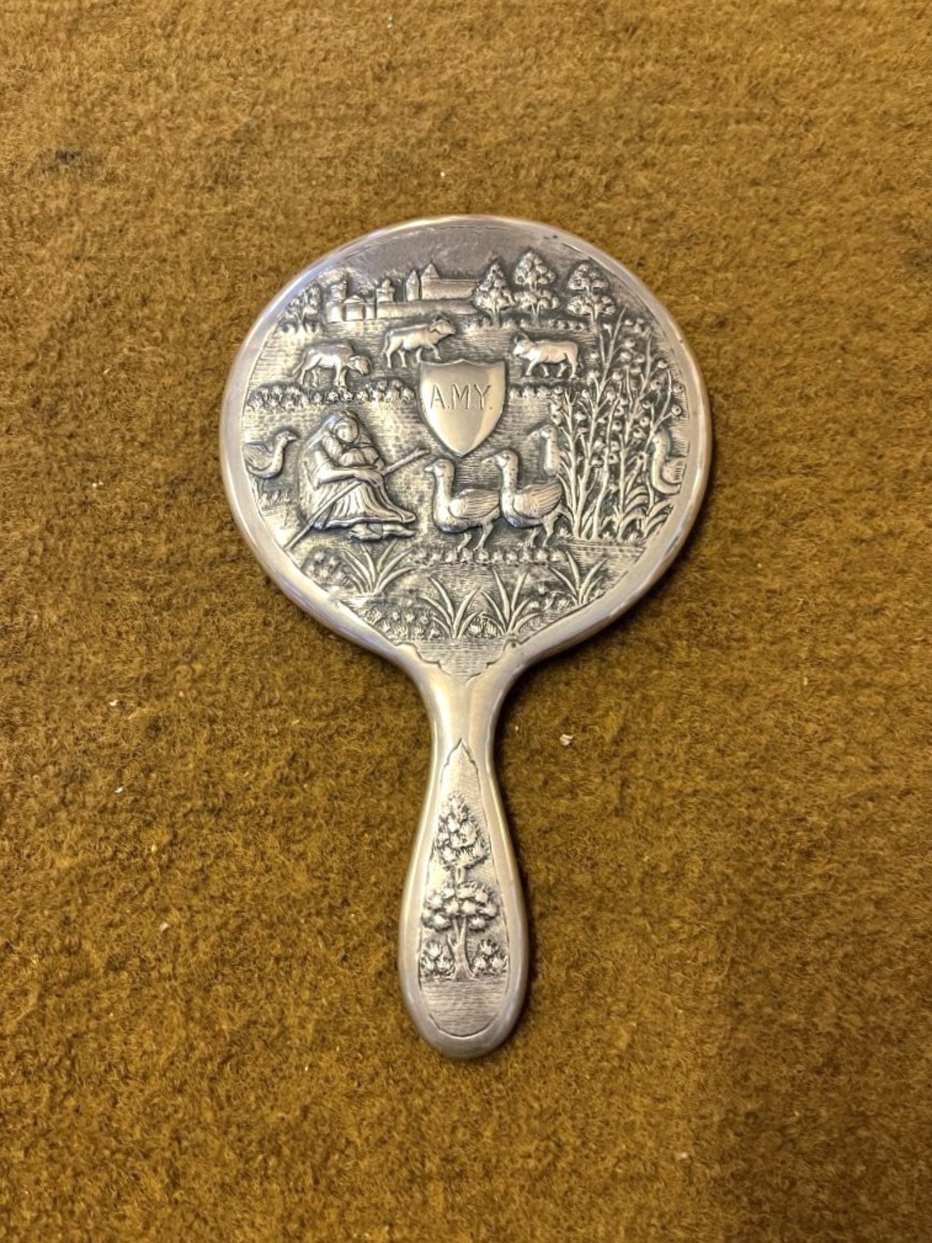 Antique Silver Plated Repousse Hand Mirror with European Farmyard Scene