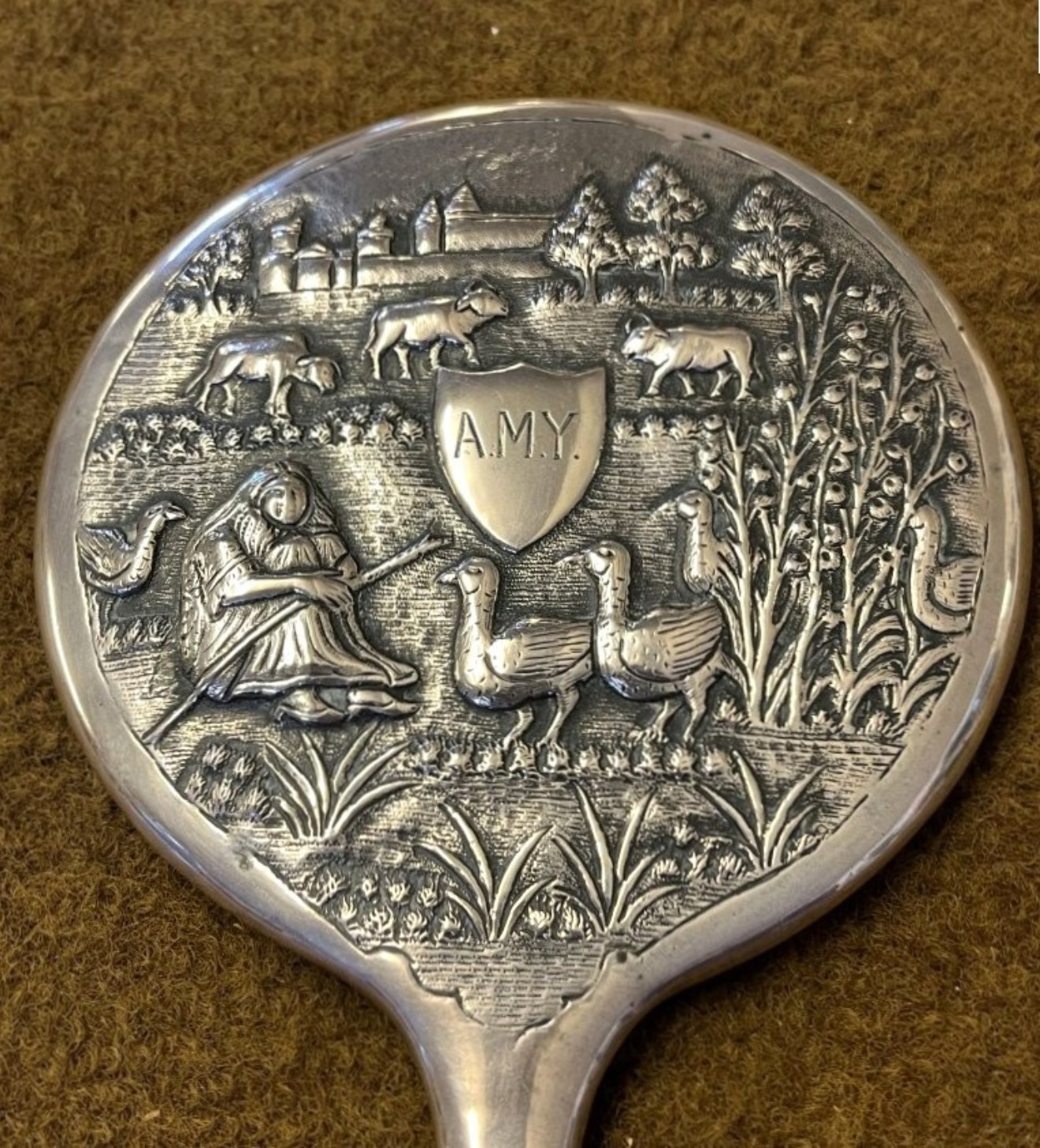 Antique Silver Plated Repousse Hand Mirror with European Farmyard Scene
