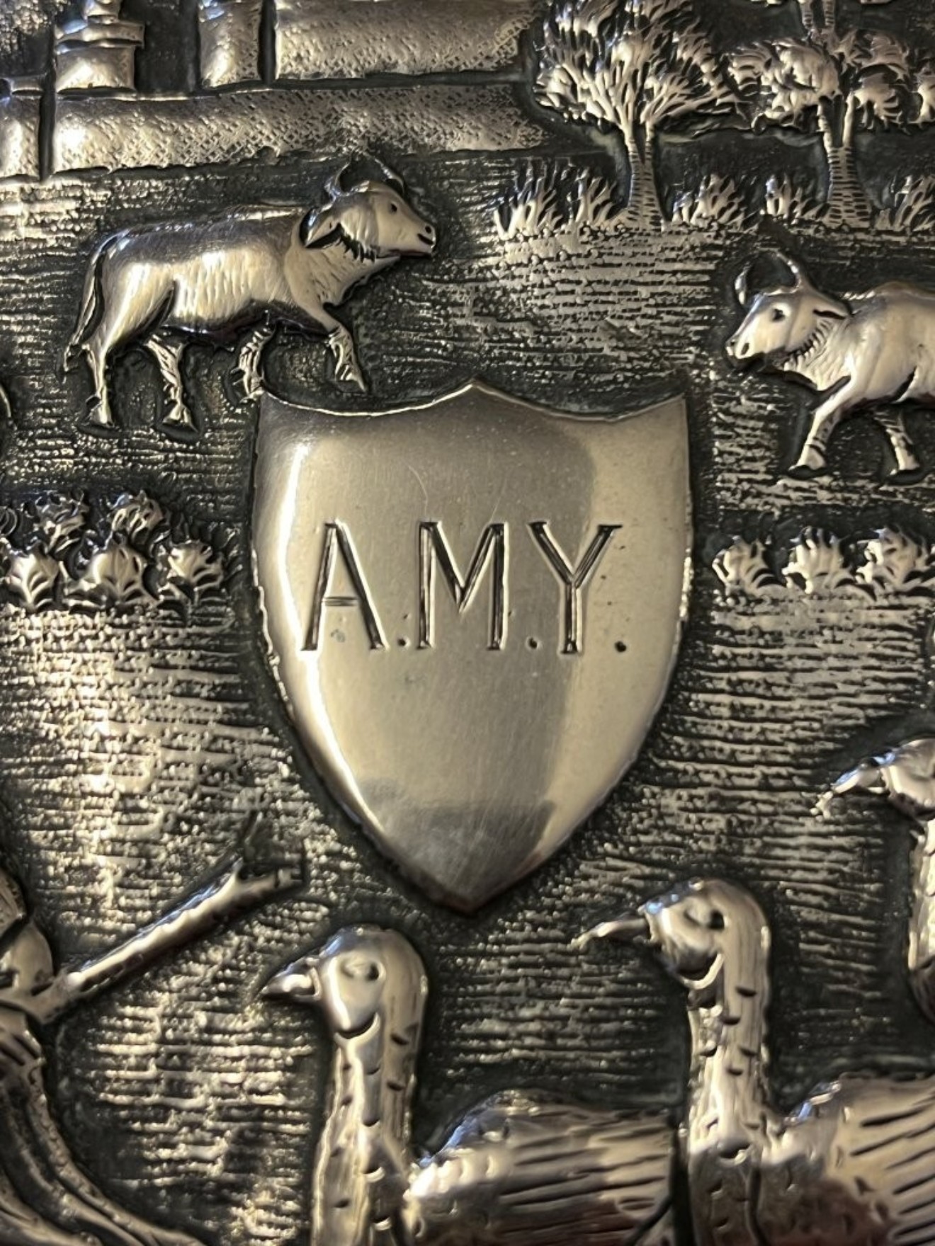 Antique Silver Plated Repousse Hand Mirror with European Farmyard Scene