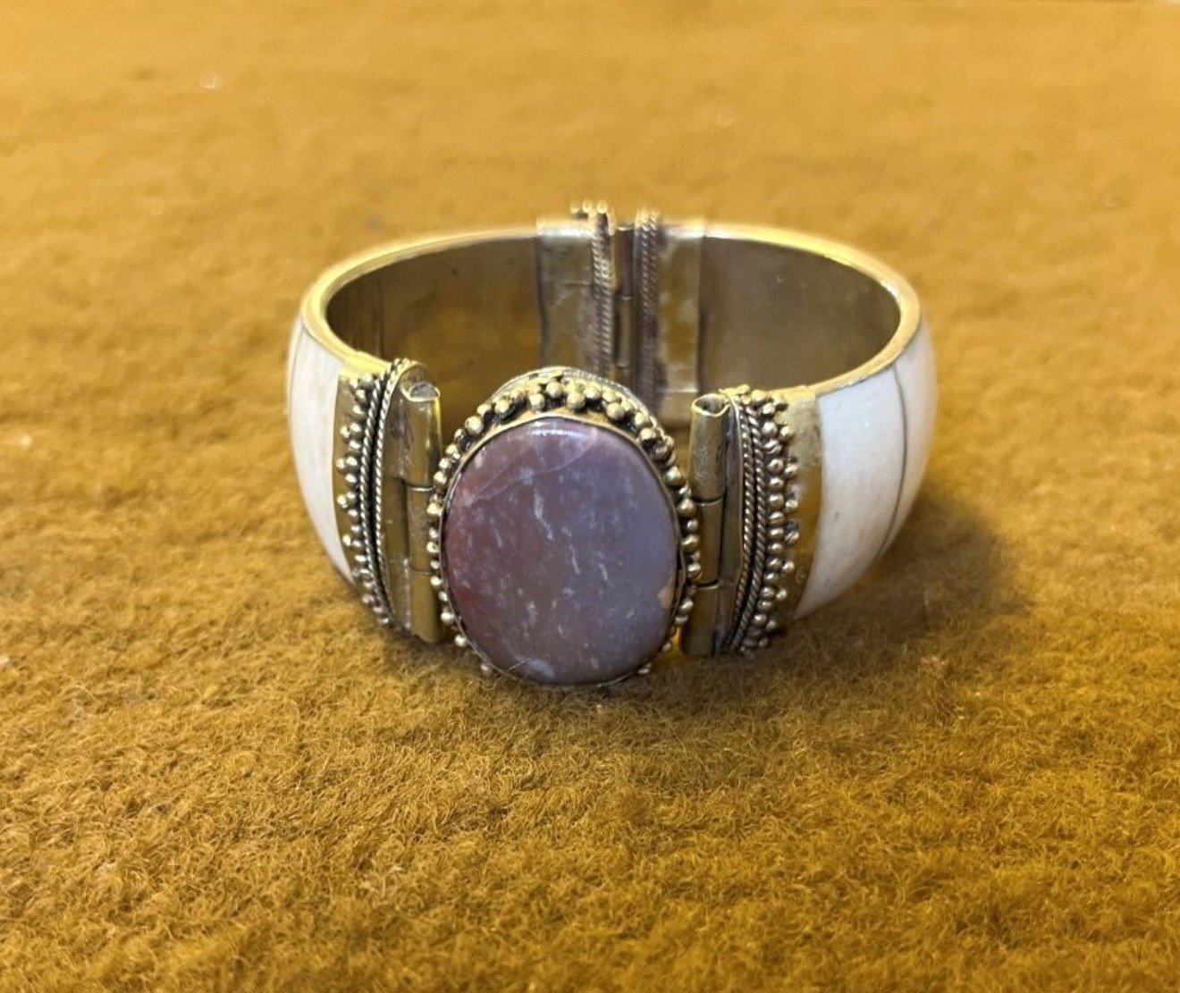Vintage Brass, Bone and Coloured Stone Cuff Bangle