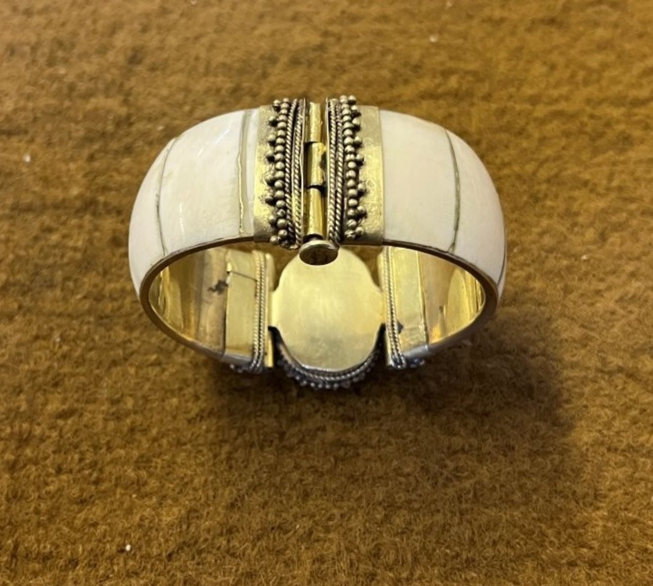 Vintage Brass, Bone and Coloured Stone Cuff Bangle