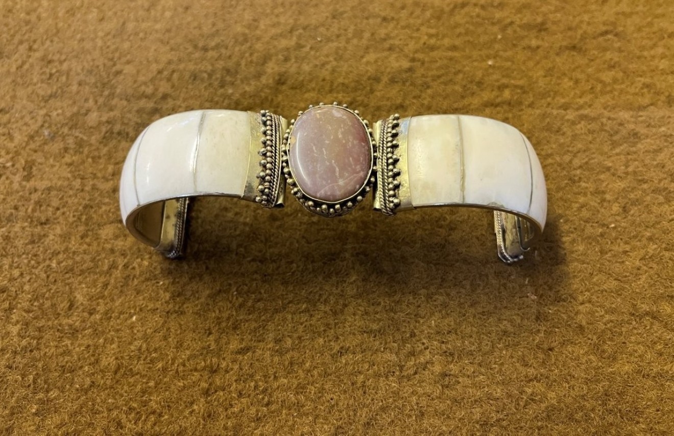 Vintage Brass, Bone and Coloured Stone Cuff Bangle