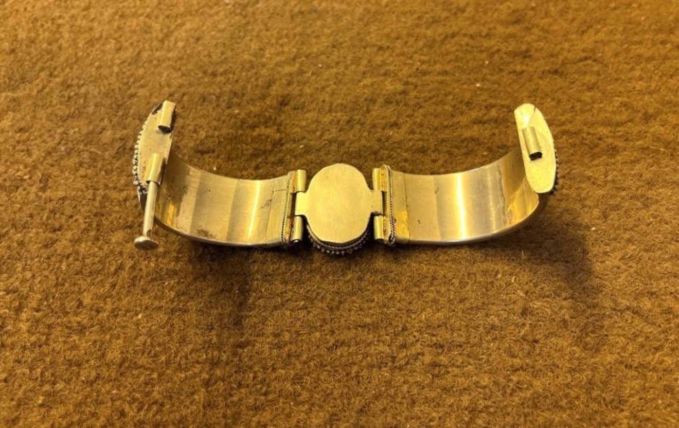 Vintage Brass, Bone and Coloured Stone Cuff Bangle