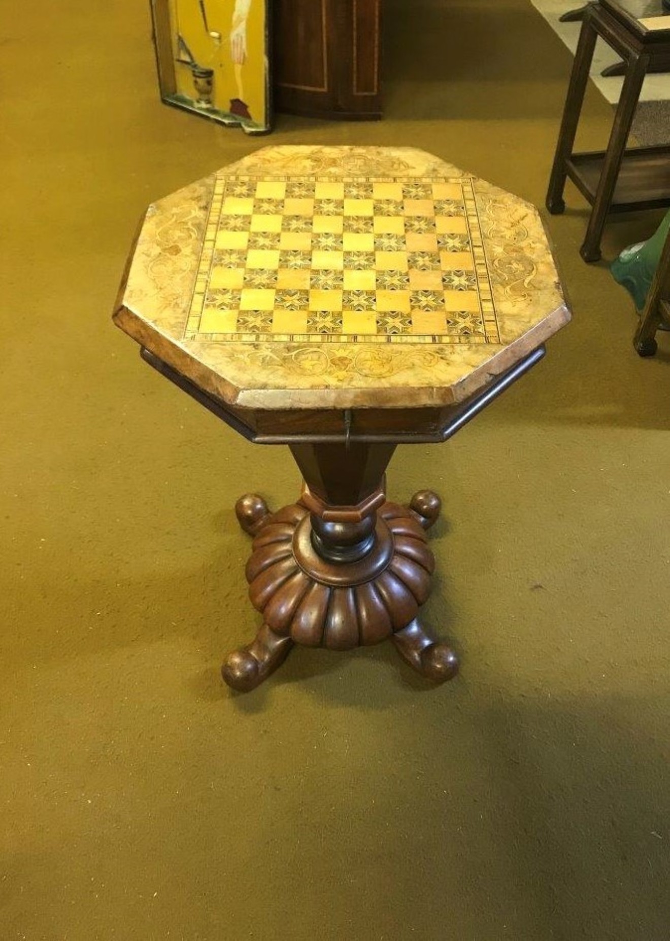 Victorian Walnut Inlaid Chess Top Trumpet Sewing Box