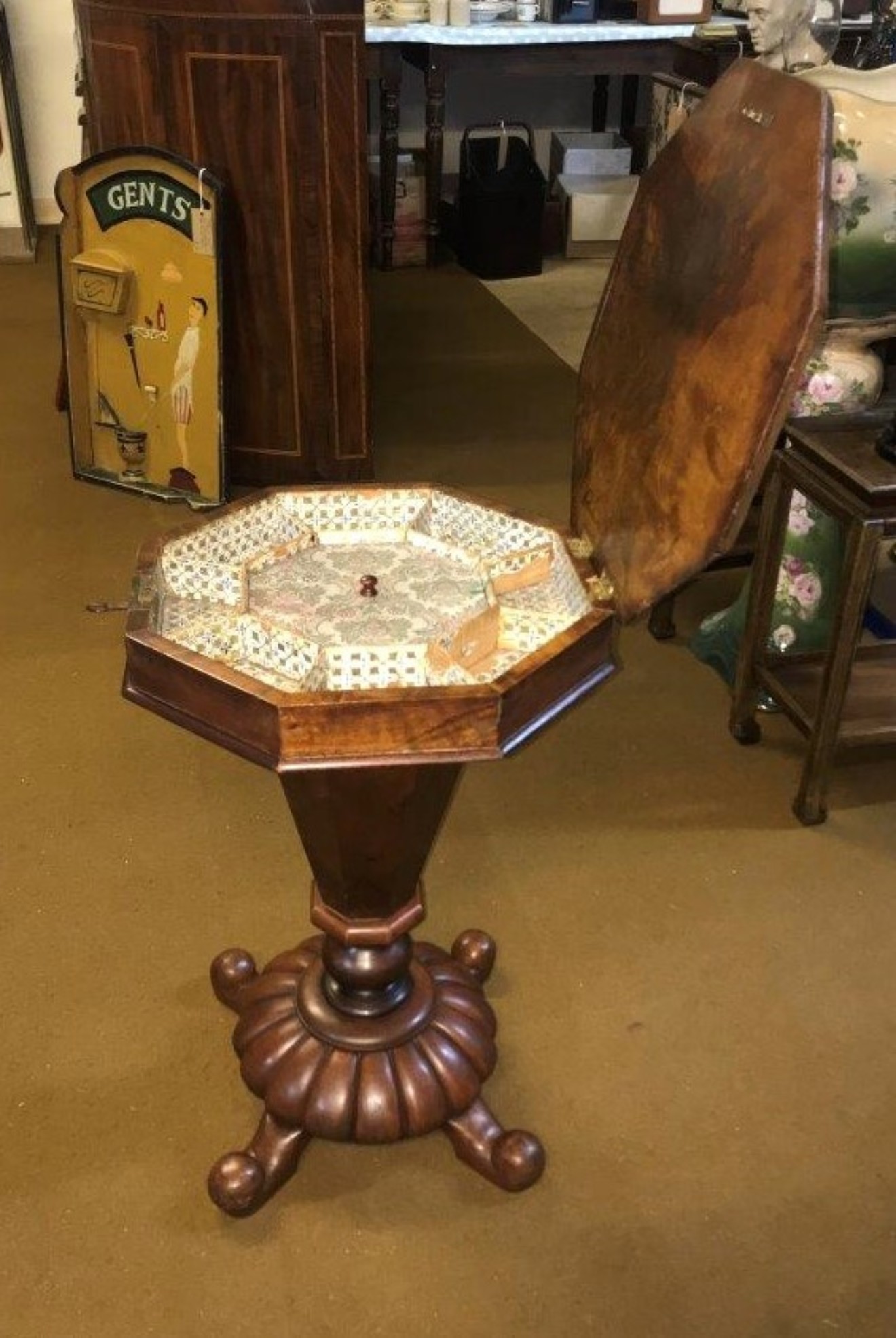 Victorian Walnut Inlaid Chess Top Trumpet Sewing Box