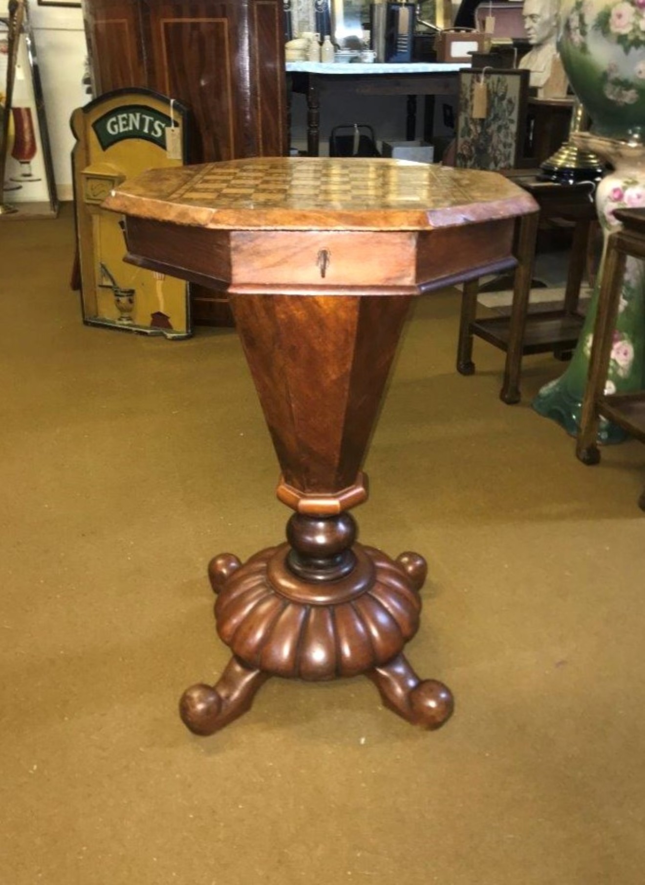 Victorian Walnut Inlaid Chess Top Trumpet Sewing Box