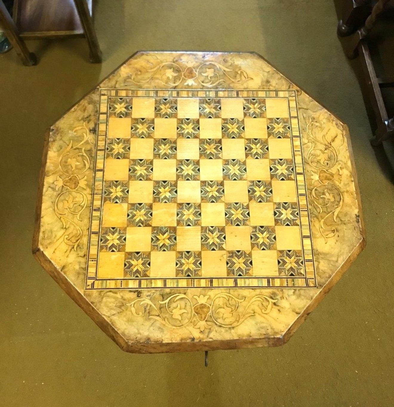 Victorian Walnut Inlaid Chess Top Trumpet Sewing Box