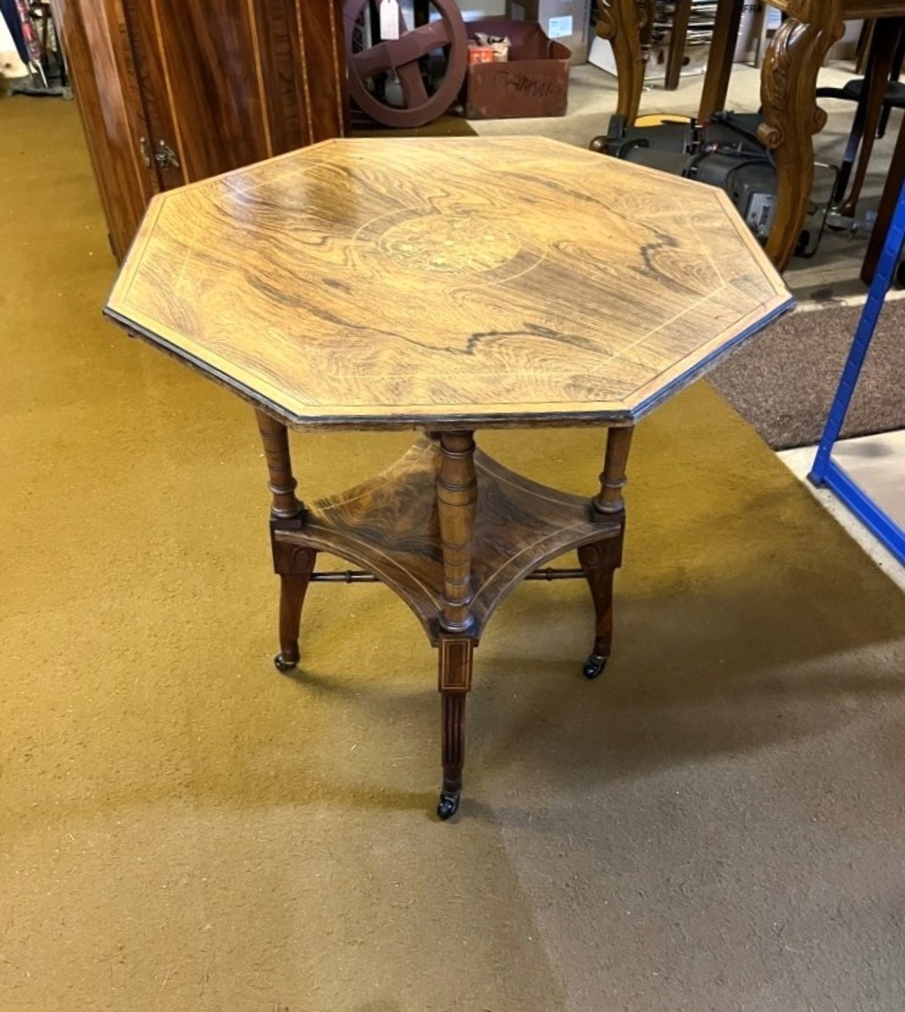 Vintage Octagonal Walnut Two Tier Inlaid Occasional Table