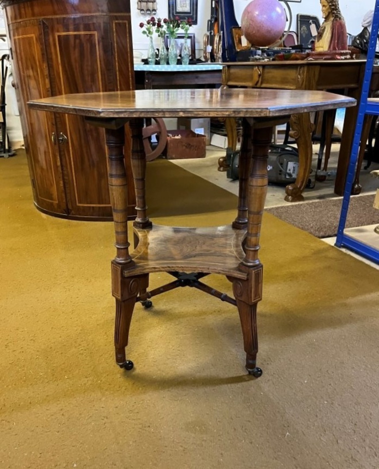 Vintage Octagonal Walnut Two Tier Inlaid Occasional Table