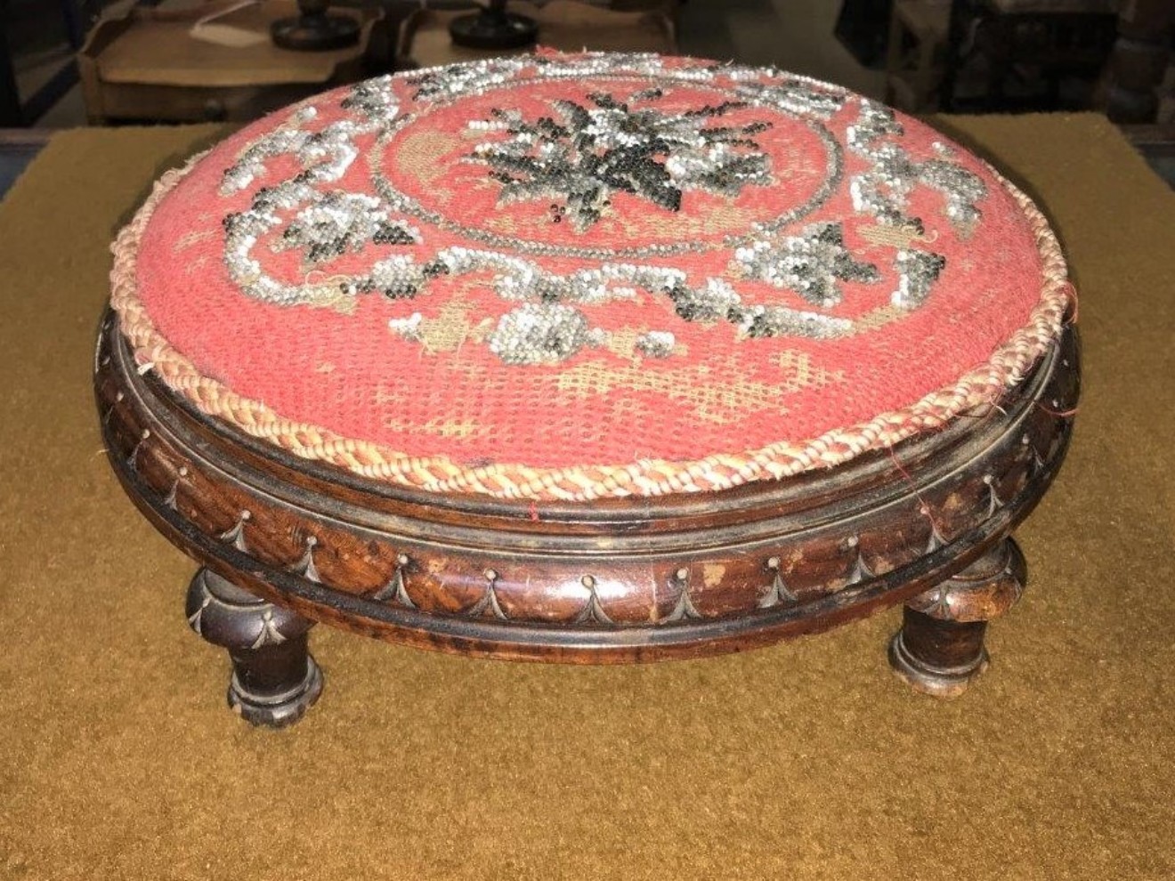 Victorian Mahogany Beadwork Footstool