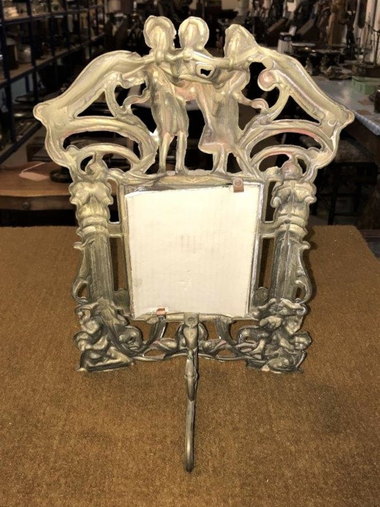 Art Nouveau Brass Repousse Easel Photo Frame