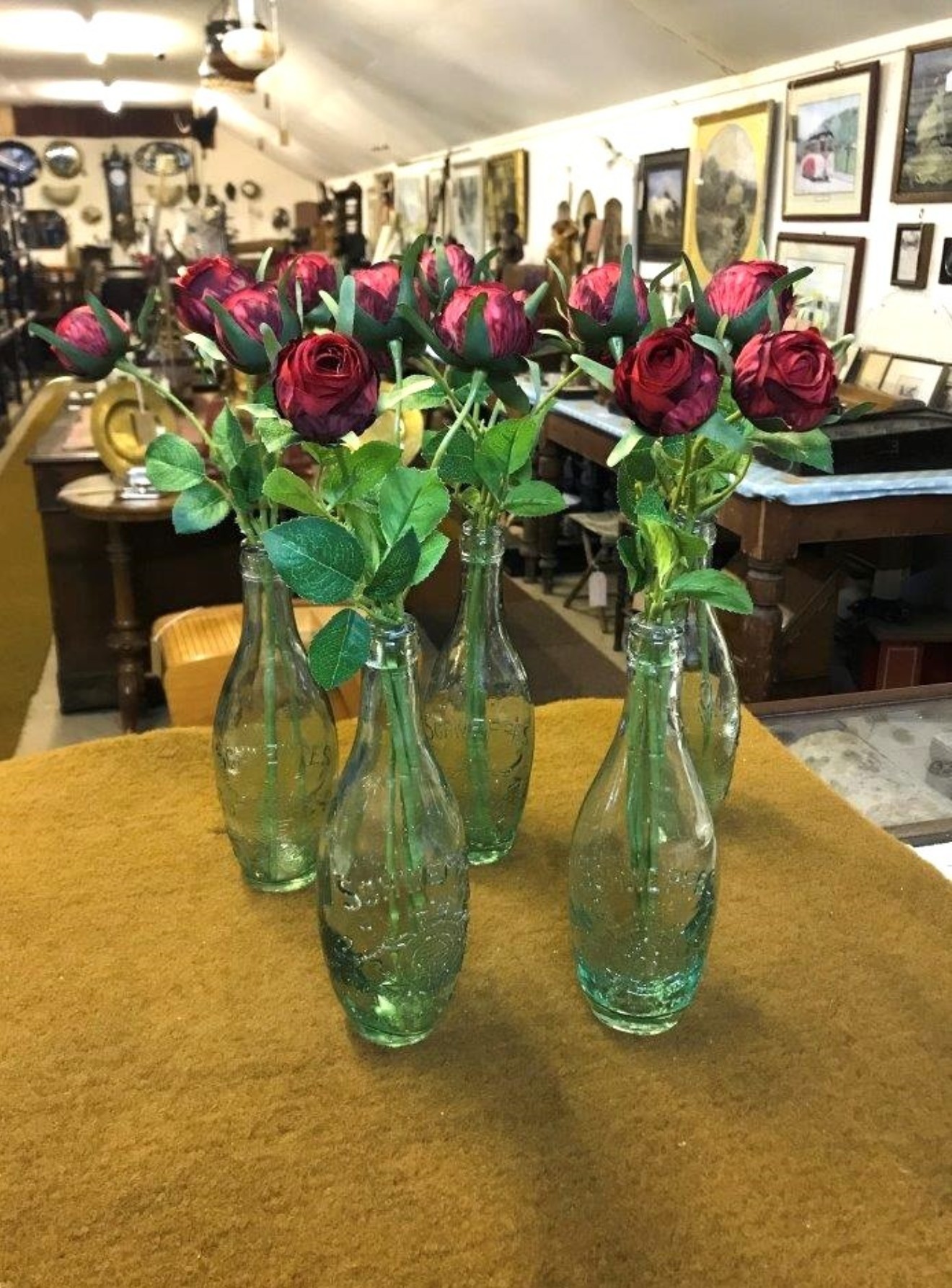 Vintage Set of 5 Schweppes Clear Glass Bottles Embossed with Royal Crest and By Appointment