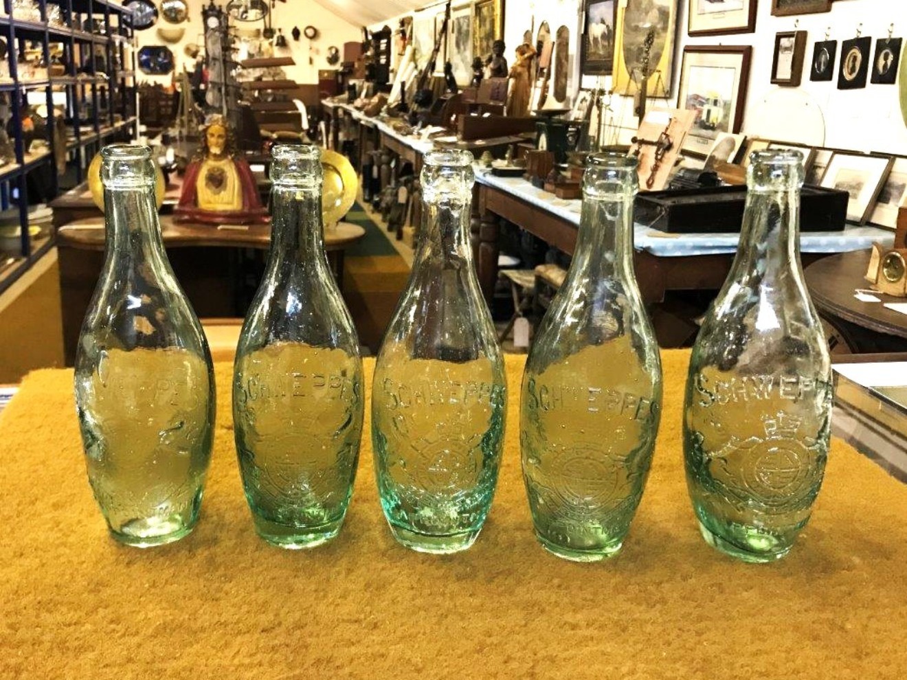 Vintage Set of 5 Schweppes Clear Glass Bottles Embossed with Royal Crest and By Appointment