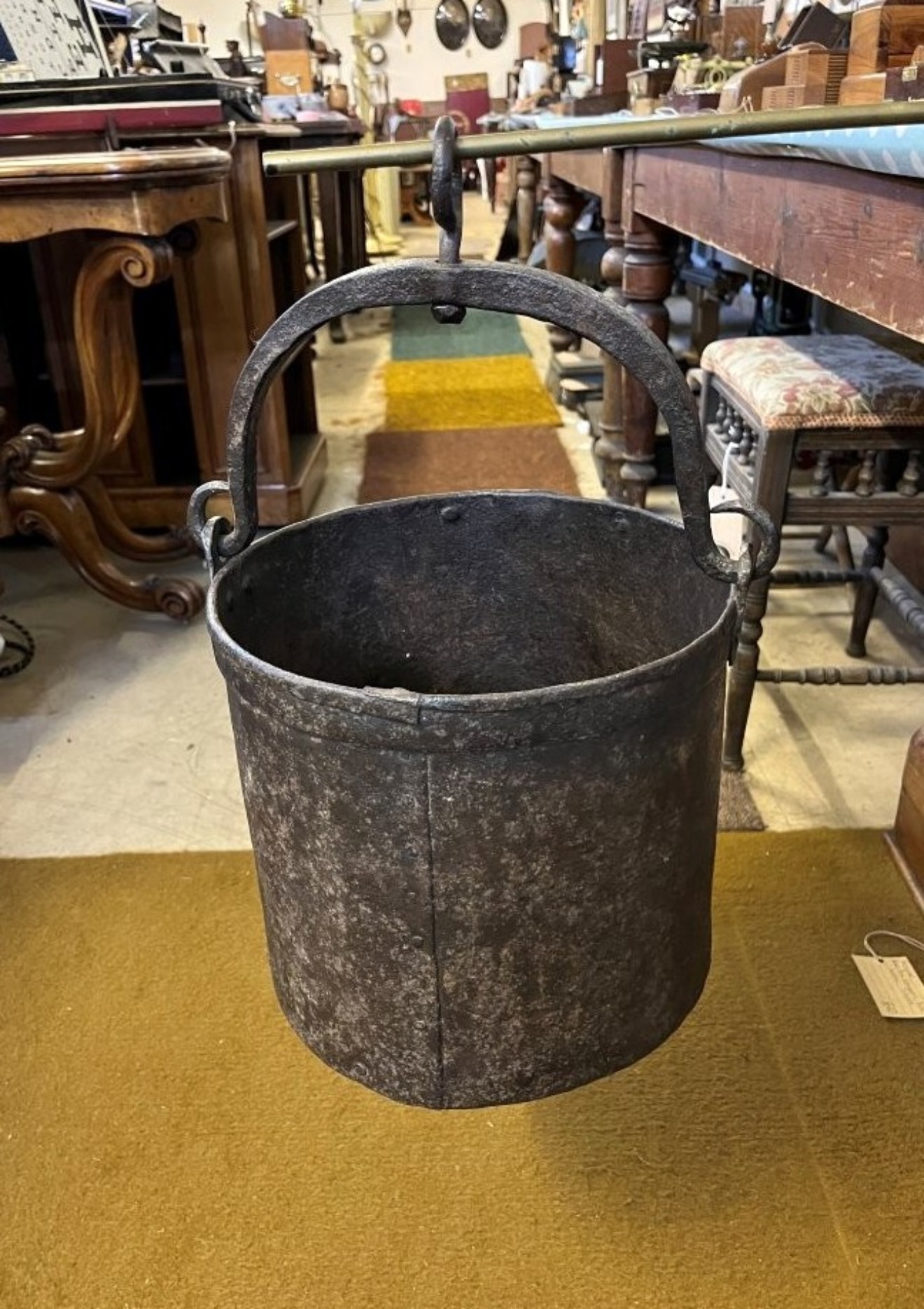 Antique Heavy Iron Riveted Well Bucket with Wrought Iron Hanger