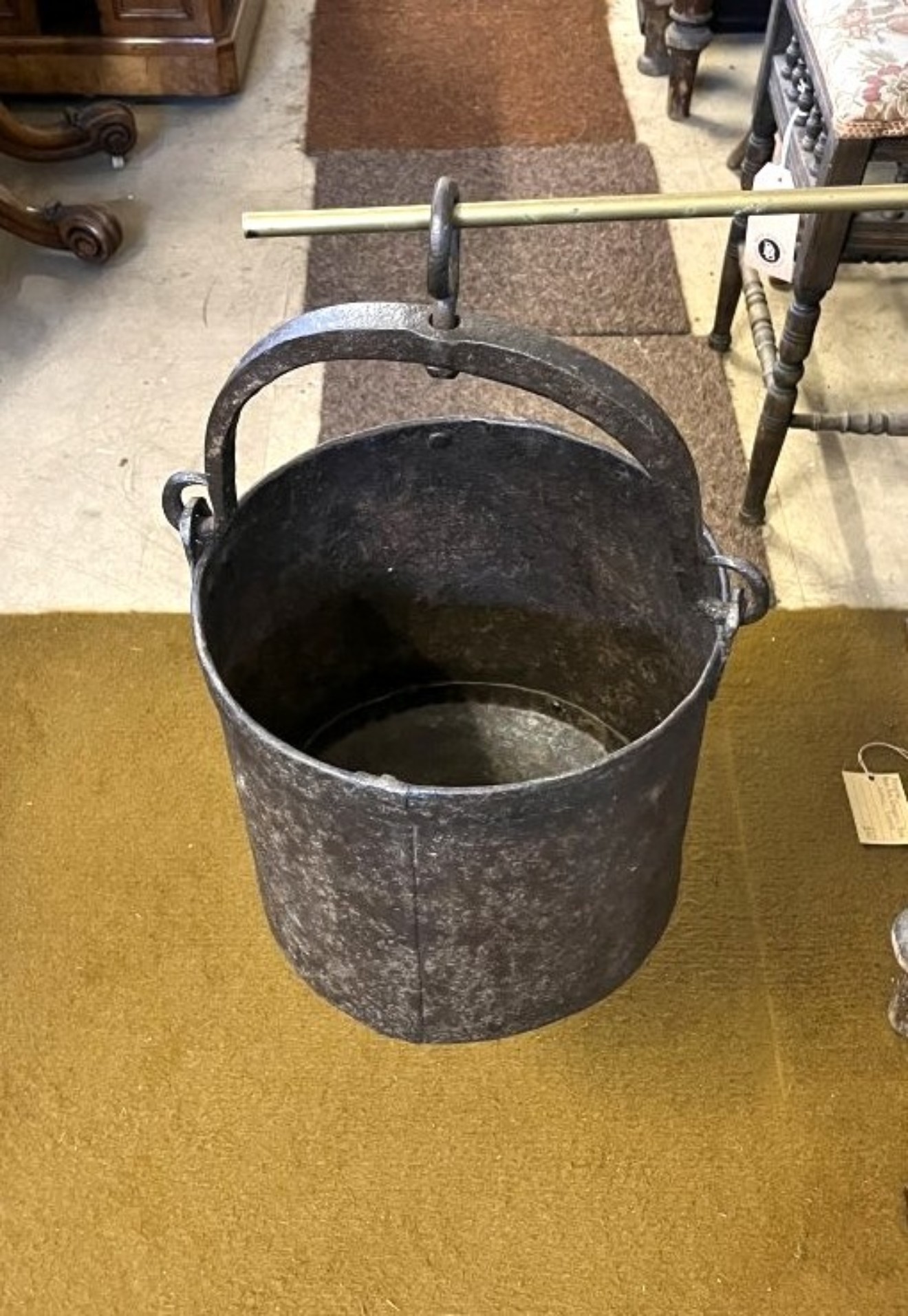 Antique Heavy Iron Riveted Well Bucket with Wrought Iron Hanger