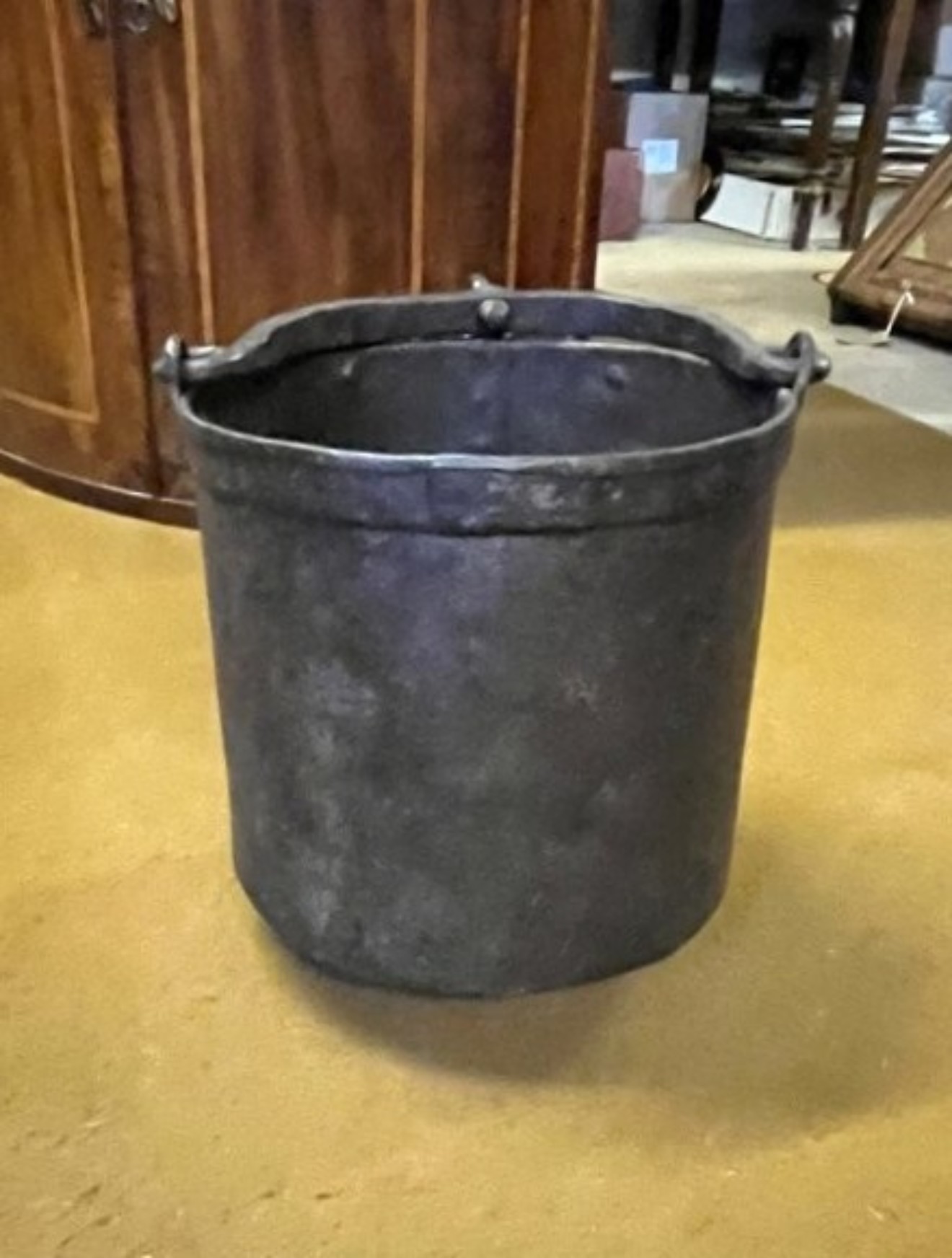 Antique Heavy Iron Riveted Well Bucket with Wrought Iron Hanger