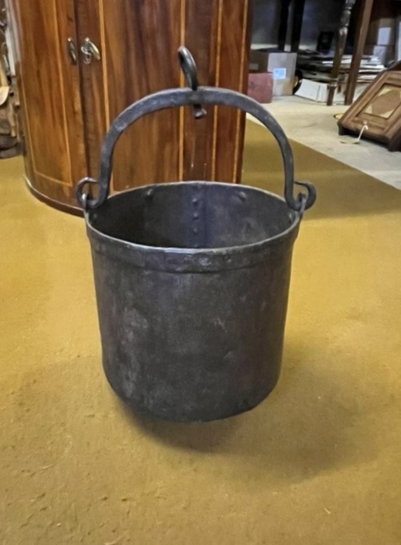 Antique Heavy Iron Riveted Well Bucket with Wrought Iron Hanger