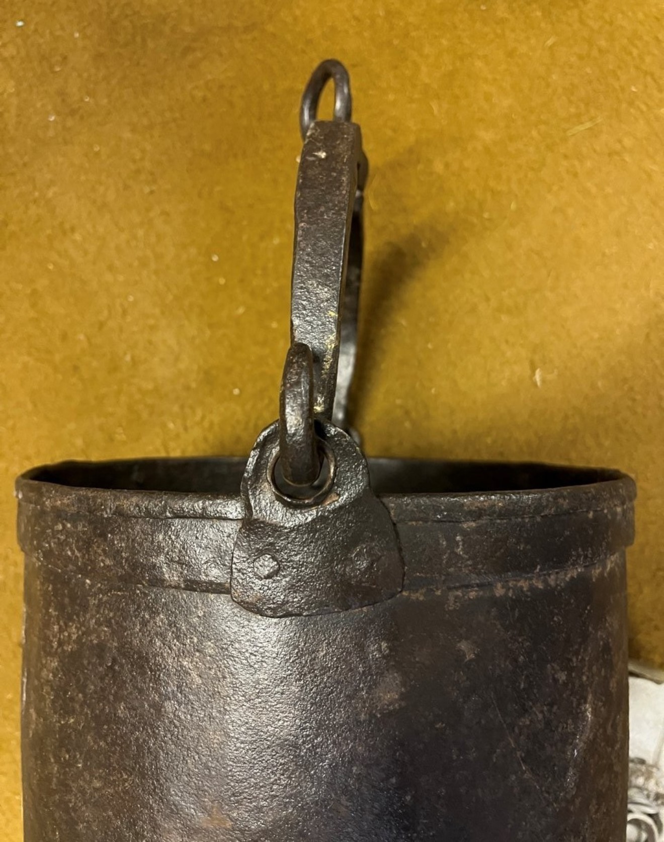 Antique Heavy Iron Riveted Well Bucket with Wrought Iron Hanger