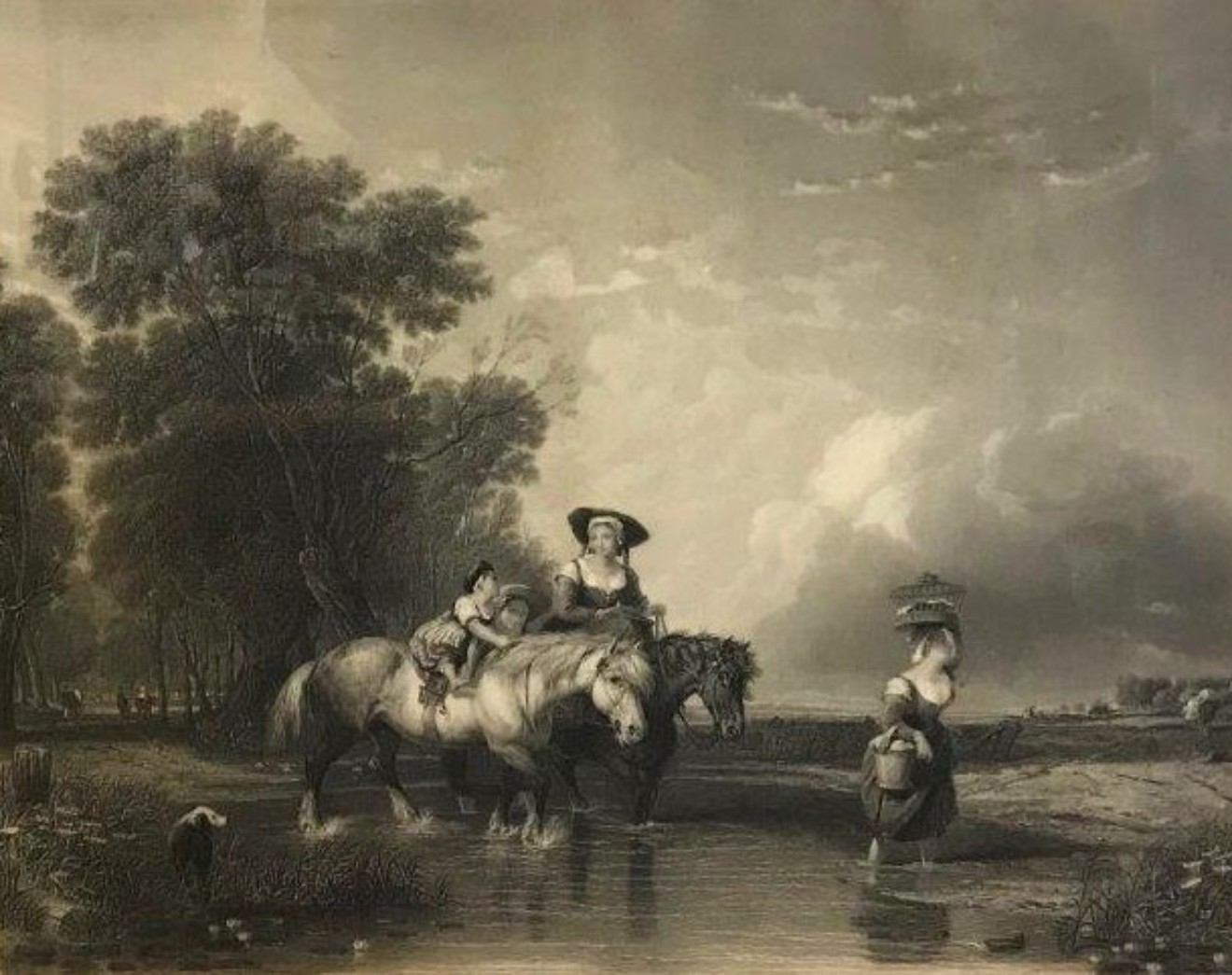 Victorian Engraving "Returning From Market (Crossing The Stream)" From the Original Painting by Sir Augustus W Callcott RA