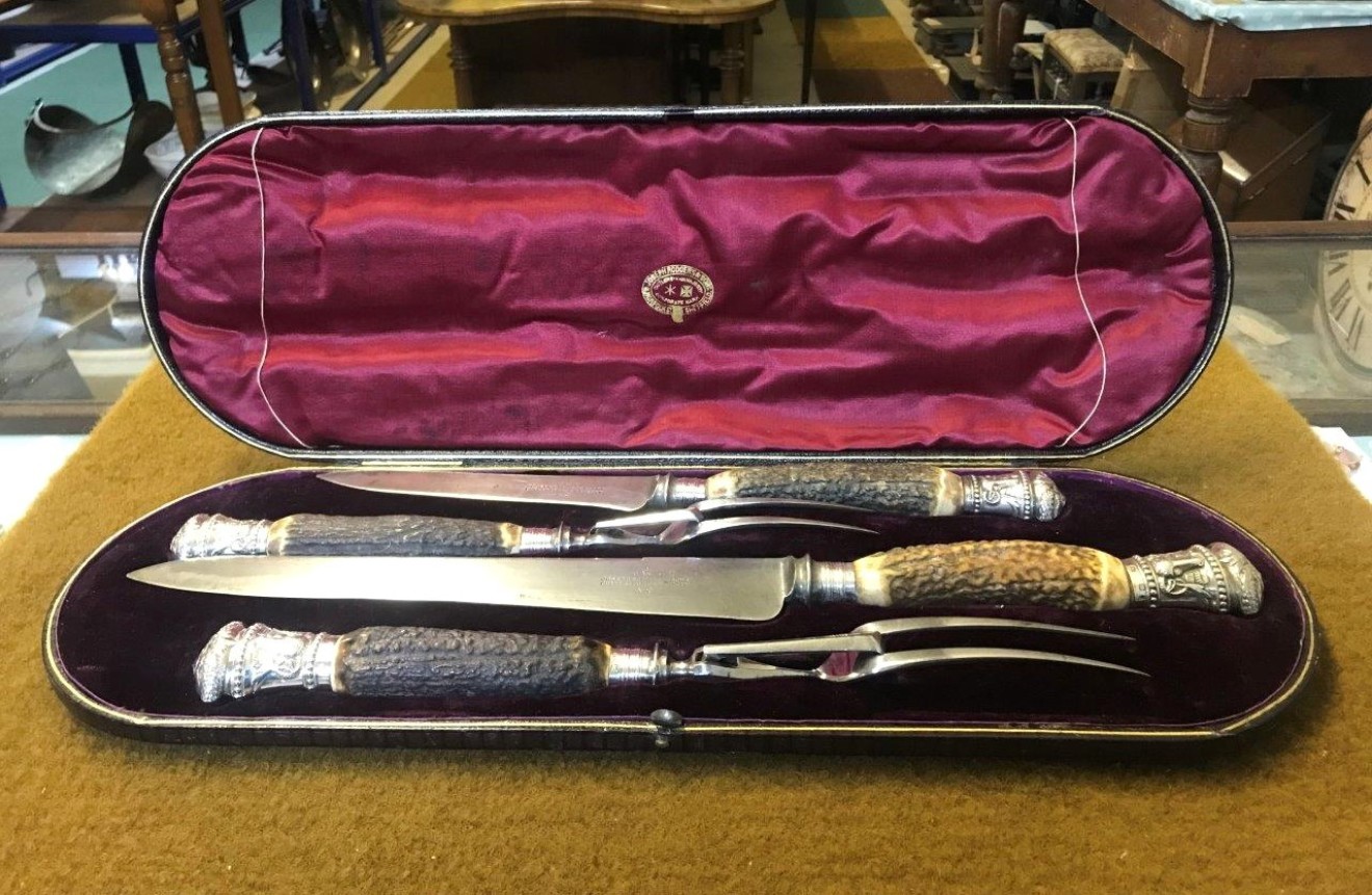 Victorian Silver Mounted Meat & Game Carving Set by Joseph Rogers & Sons Cutlers to Her Majesty Queen Victoria