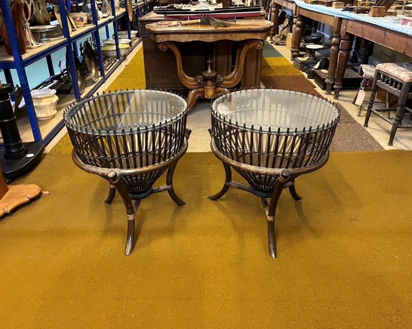 Vintage Pair of Thai Lobster Pot Tables with Glass Tops