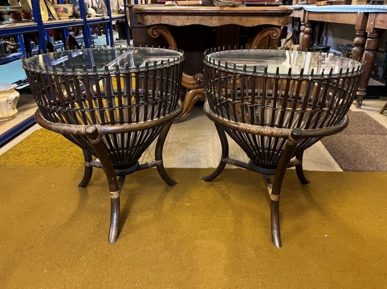 Vintage Pair of Thai Lobster Pot Tables with Glass Tops
