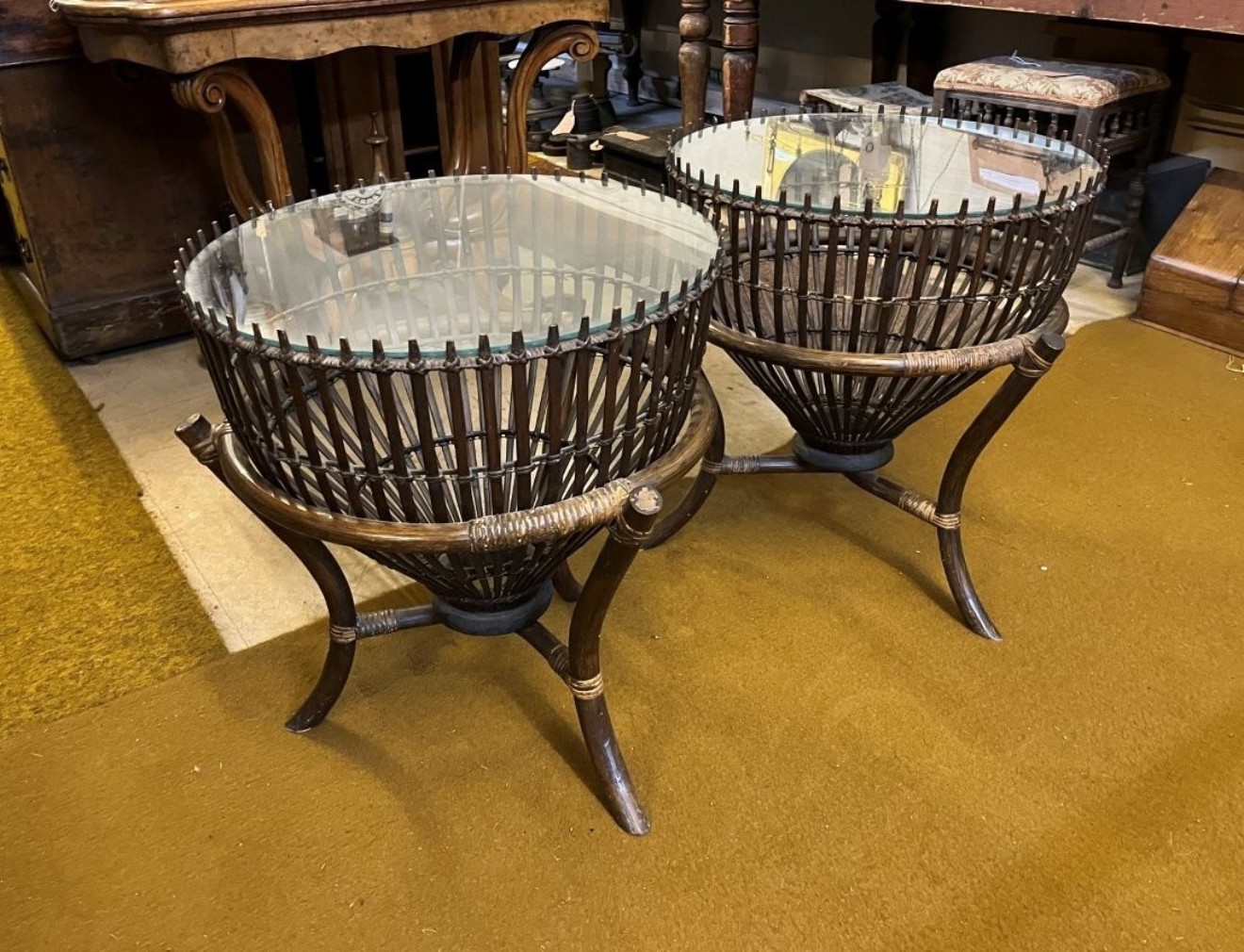 Vintage Pair of Thai Lobster Pot Tables with Glass Tops