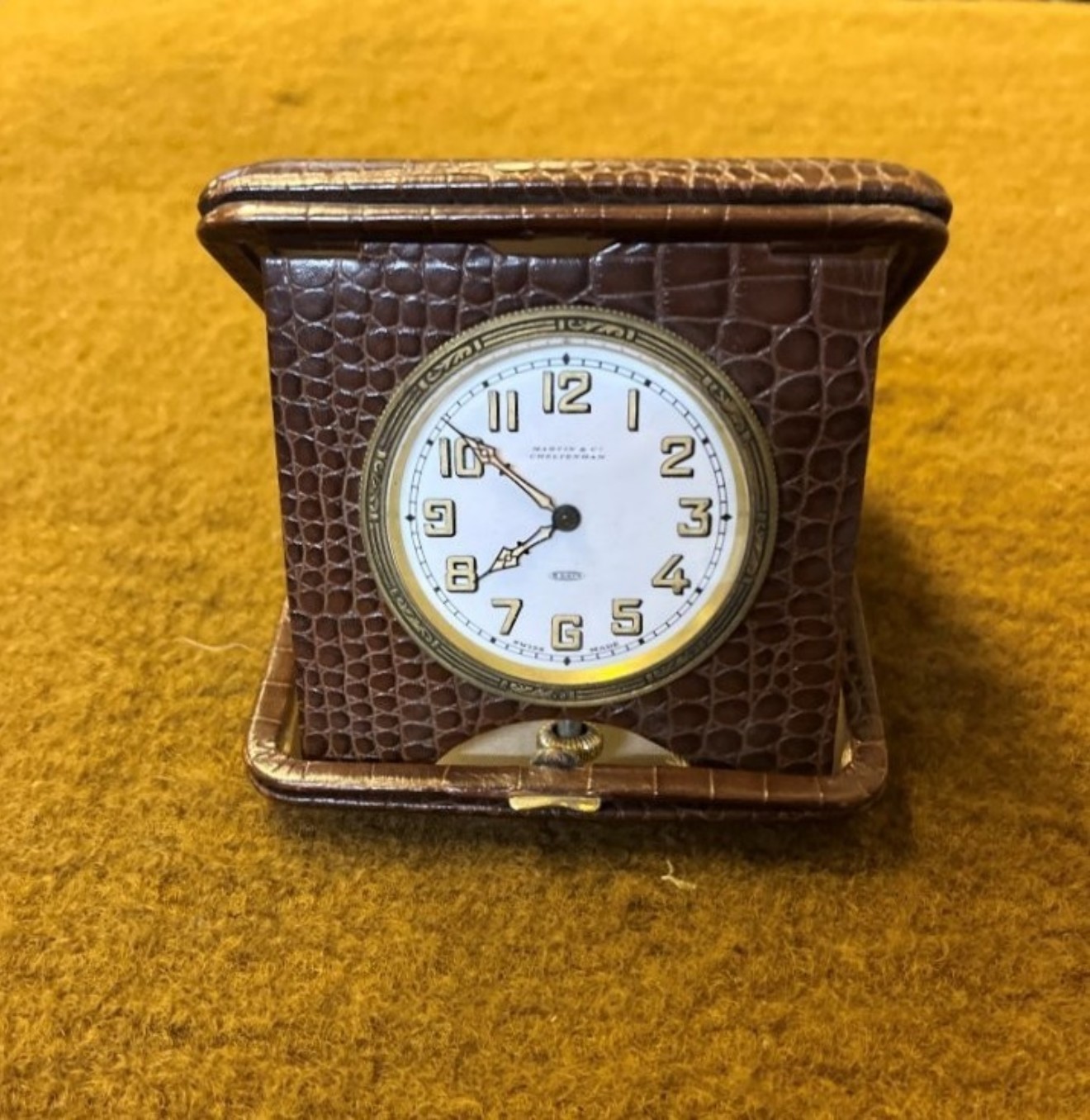Vintage 8 Days Travel Clock in Faux Crocodile Skin Case Made by L Sandoz Vuille Switzerland