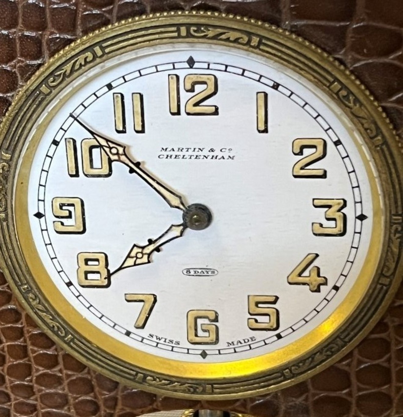 Vintage 8 Days Travel Clock in Faux Crocodile Skin Case Made by L Sandoz Vuille Switzerland