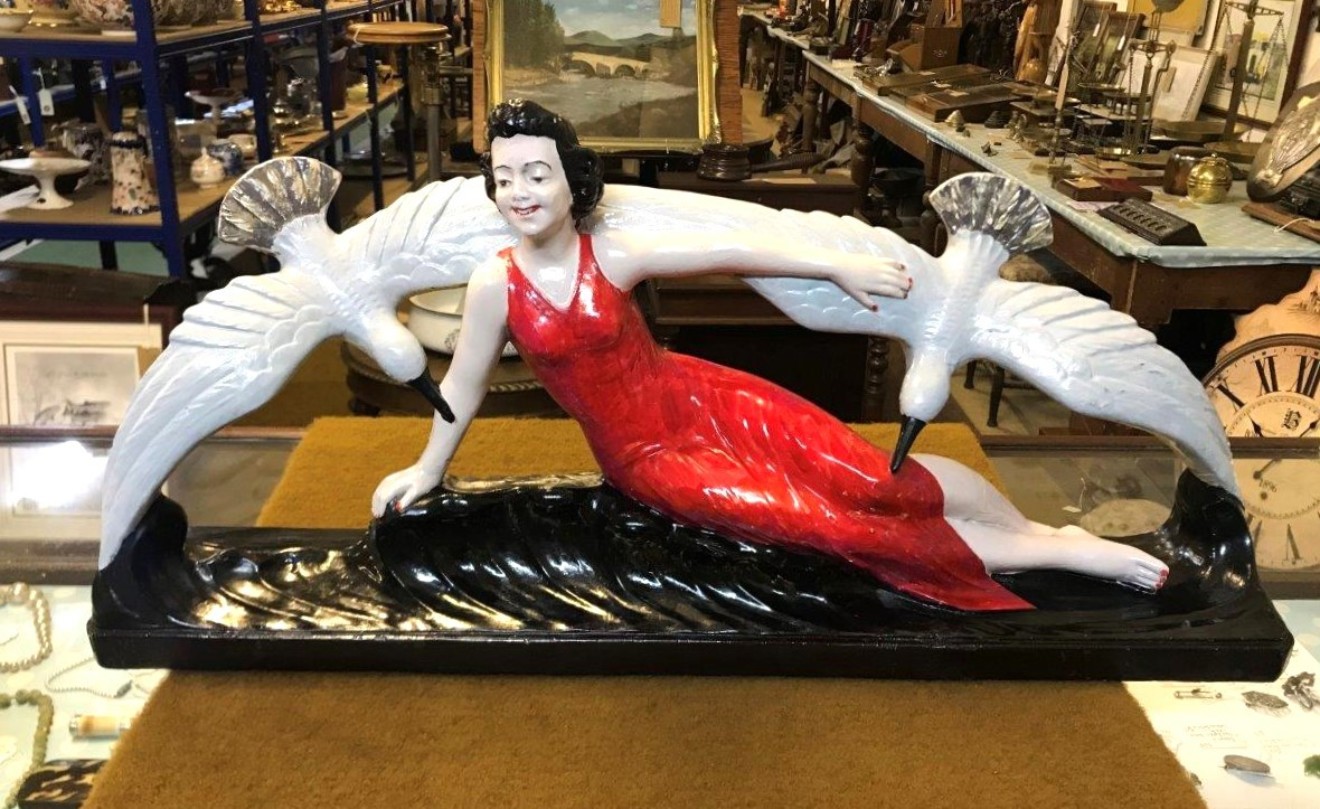 Art Deco Plaster Sculpture of Reclining Lady and Seagulls Signed R.Volpi No44 Circa 1930s