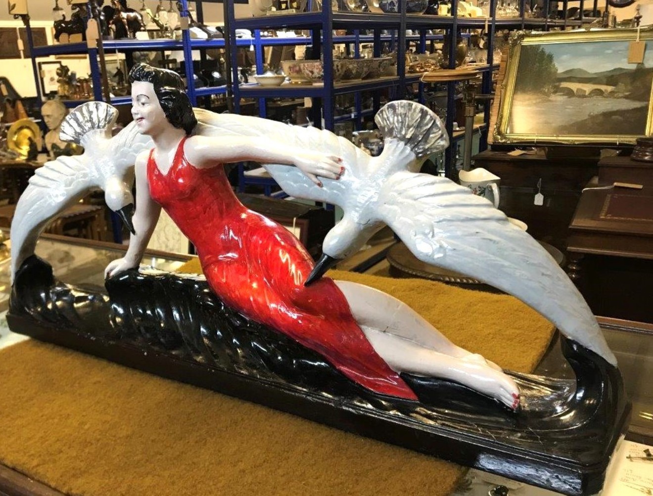 Art Deco Plaster Sculpture of Reclining Lady and Seagulls Signed R.Volpi No44 Circa 1930s