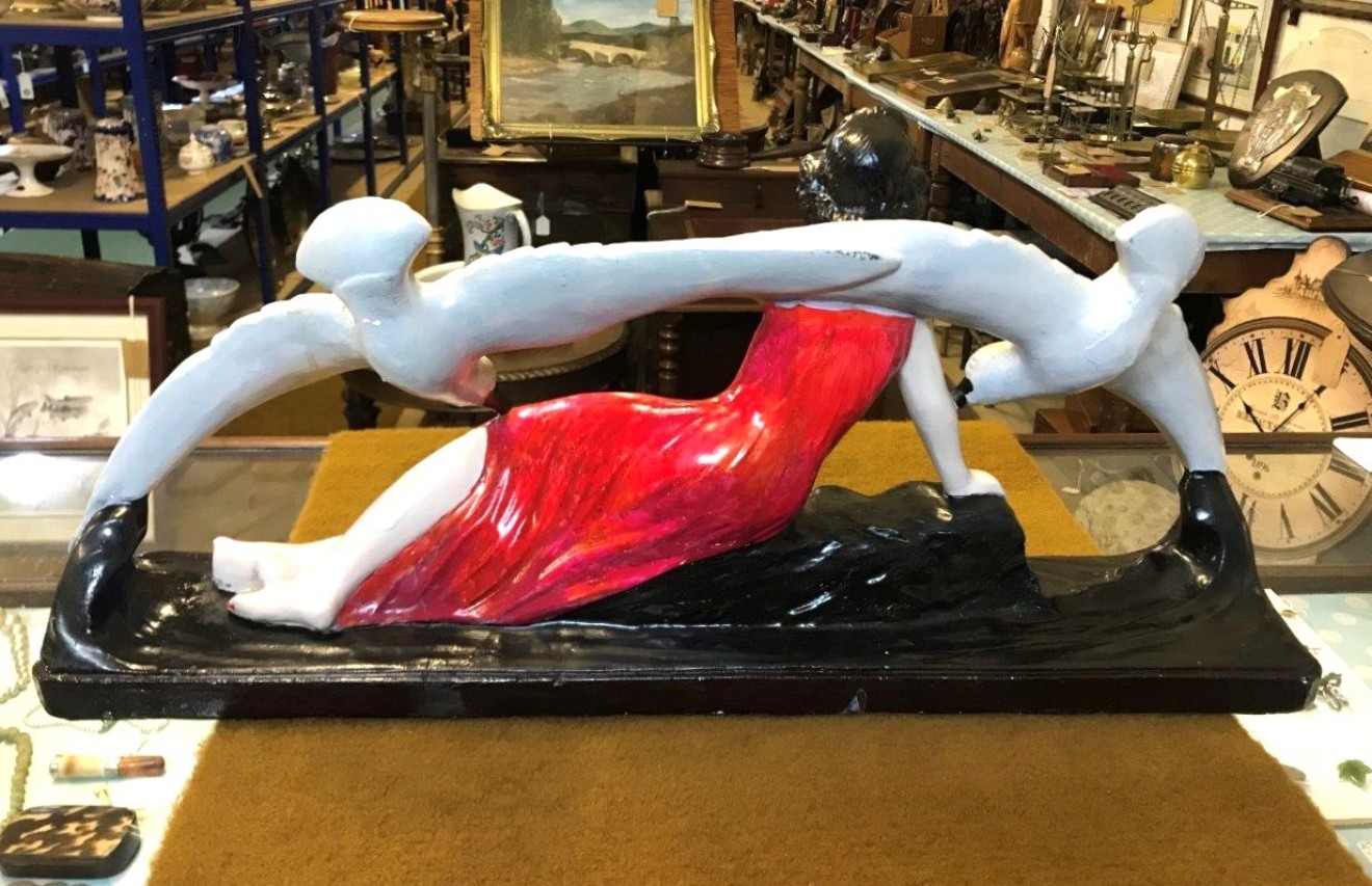 Art Deco Plaster Sculpture of Reclining Lady and Seagulls Signed R.Volpi No44 Circa 1930s