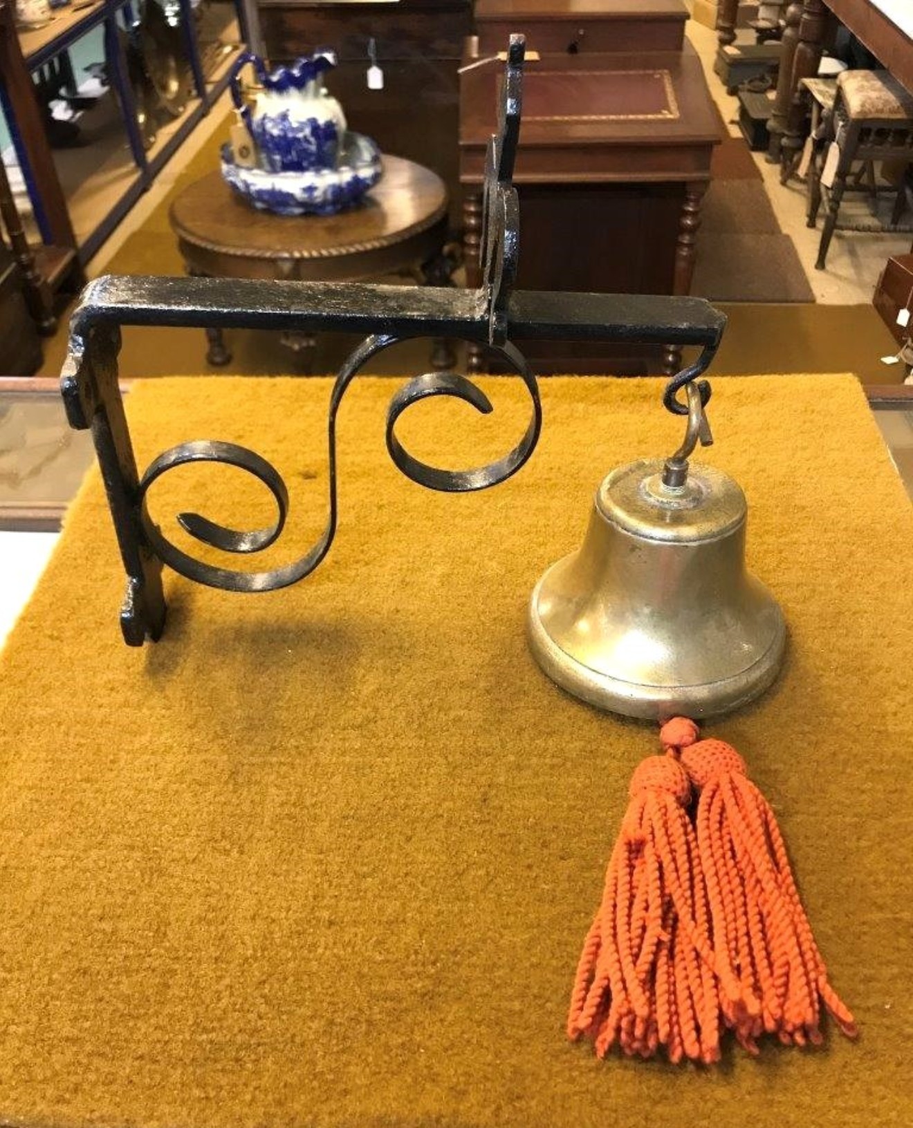 Vintage Heavy Brass and Wrought Iron Hanging Bell