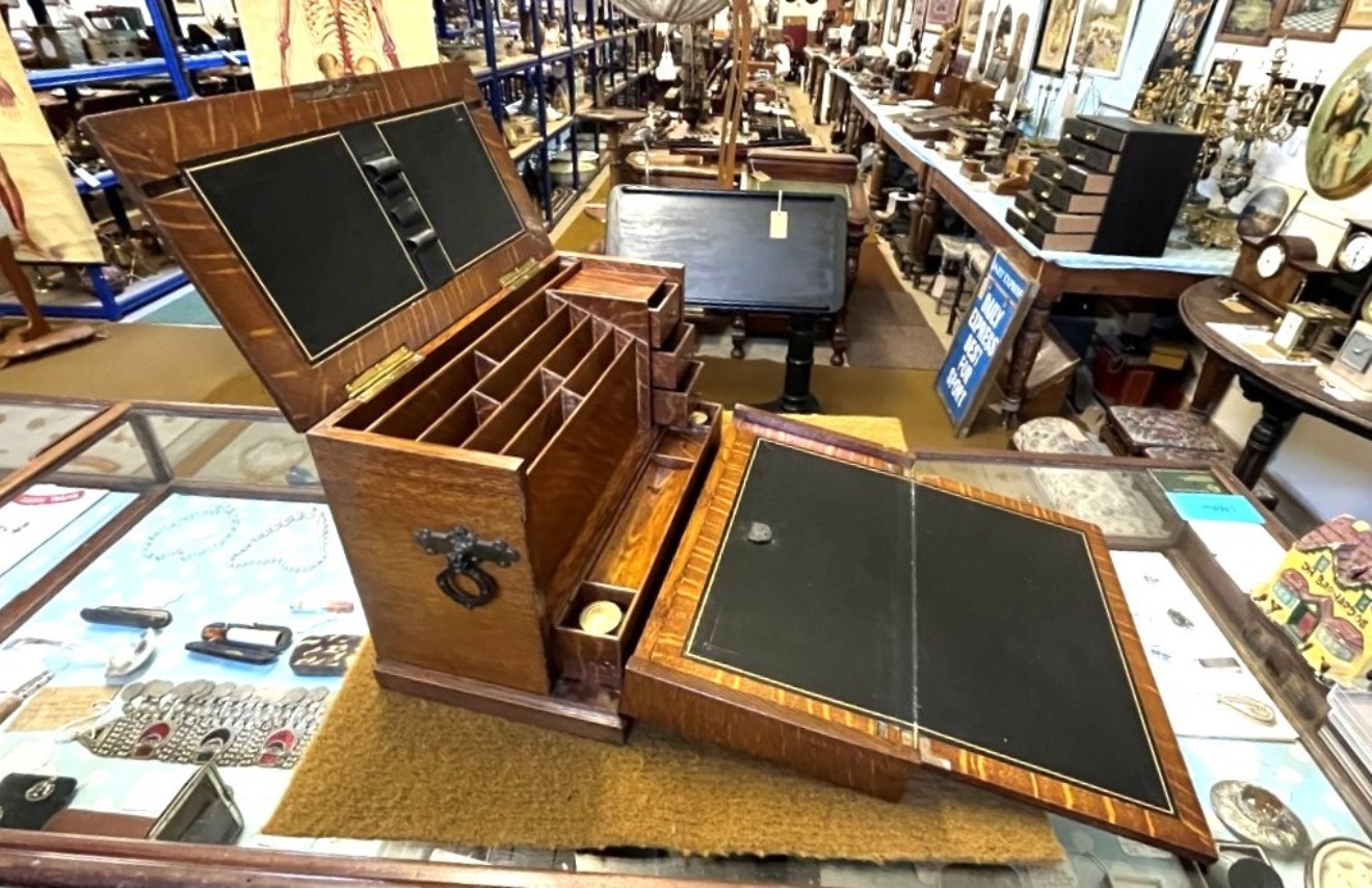Edwardian Tiger Oak Stationery Cabinet / Writing Slope