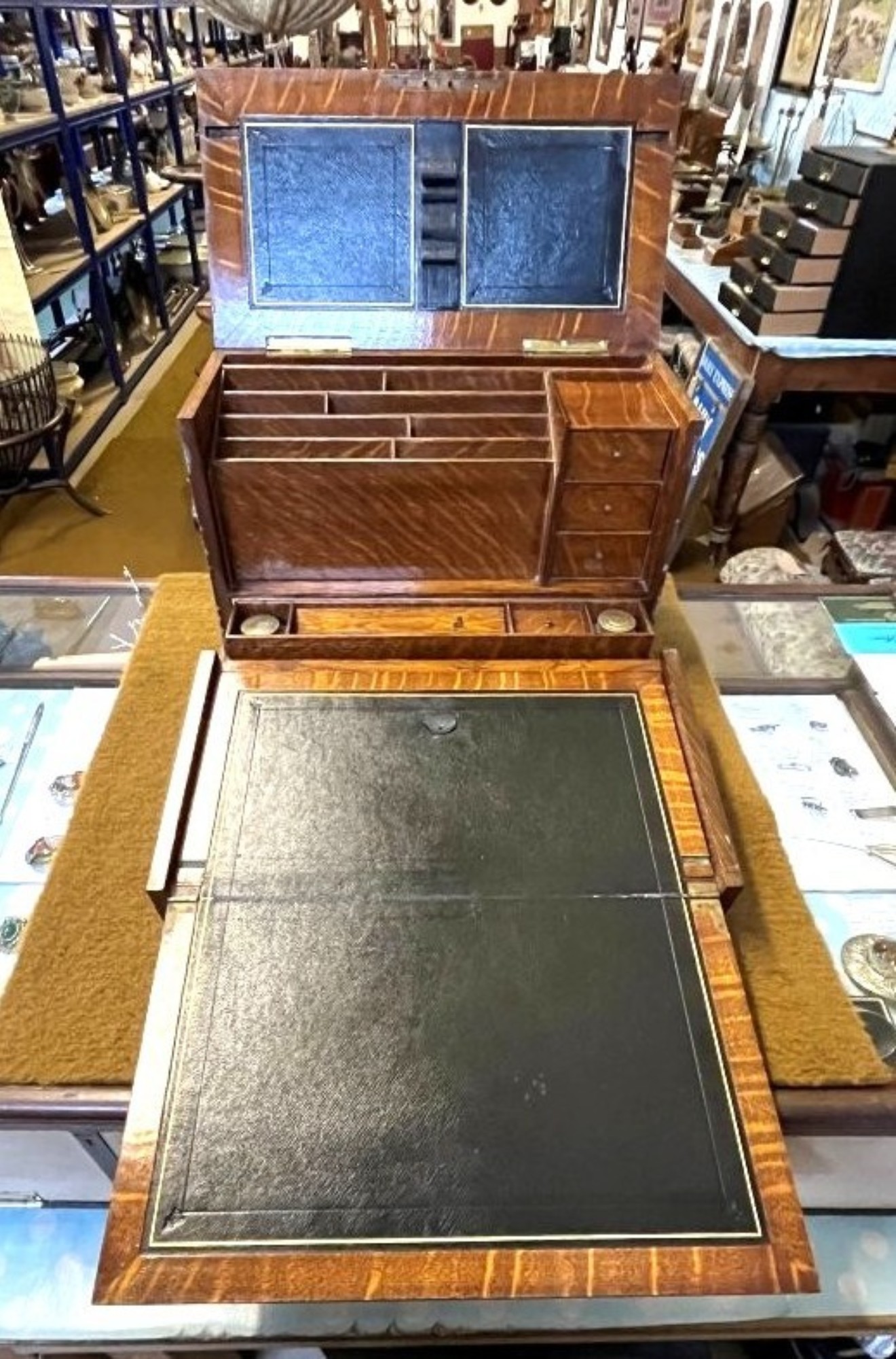 Edwardian Tiger Oak Stationery Cabinet / Writing Slope