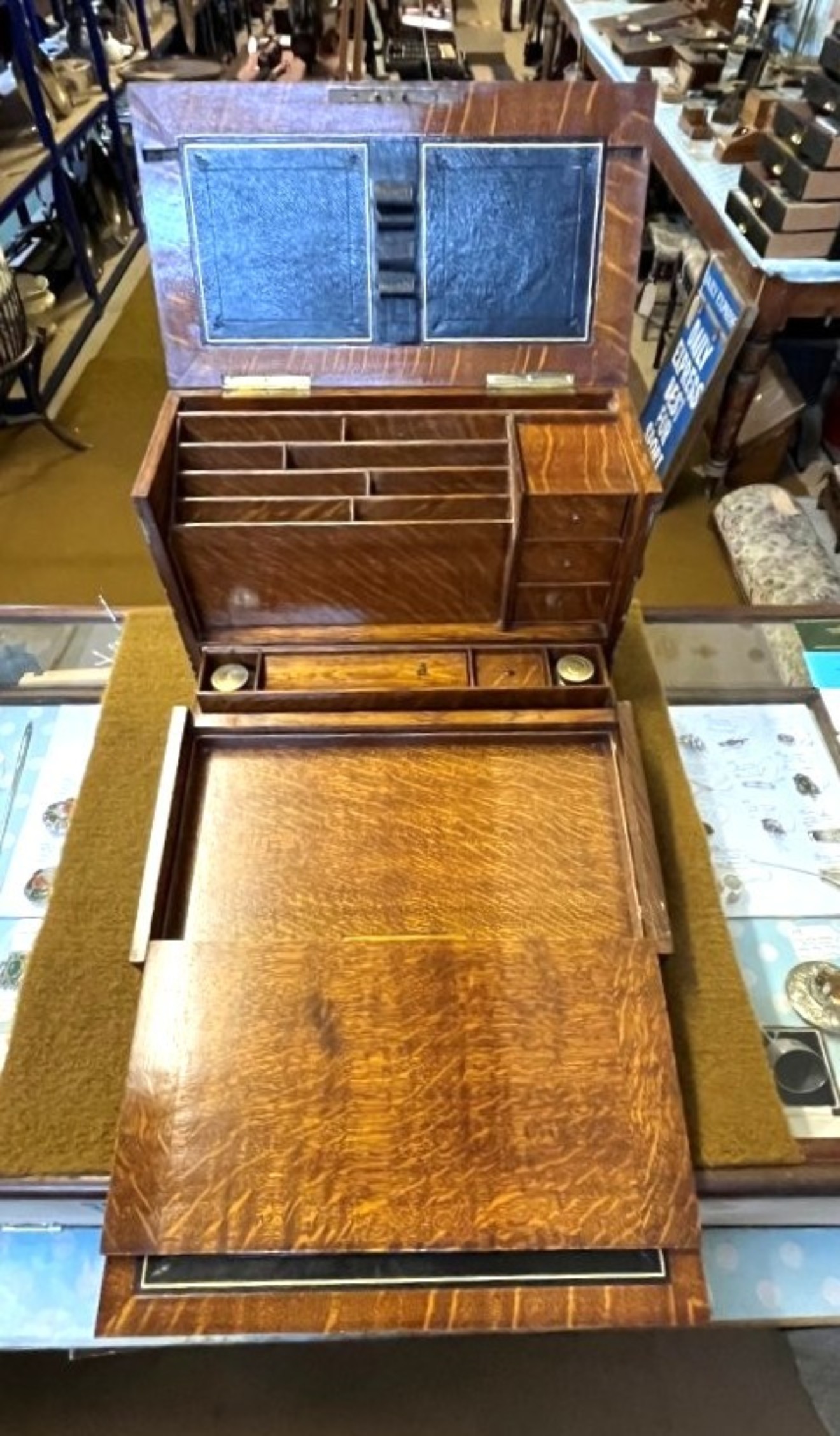 Edwardian Tiger Oak Stationery Cabinet / Writing Slope