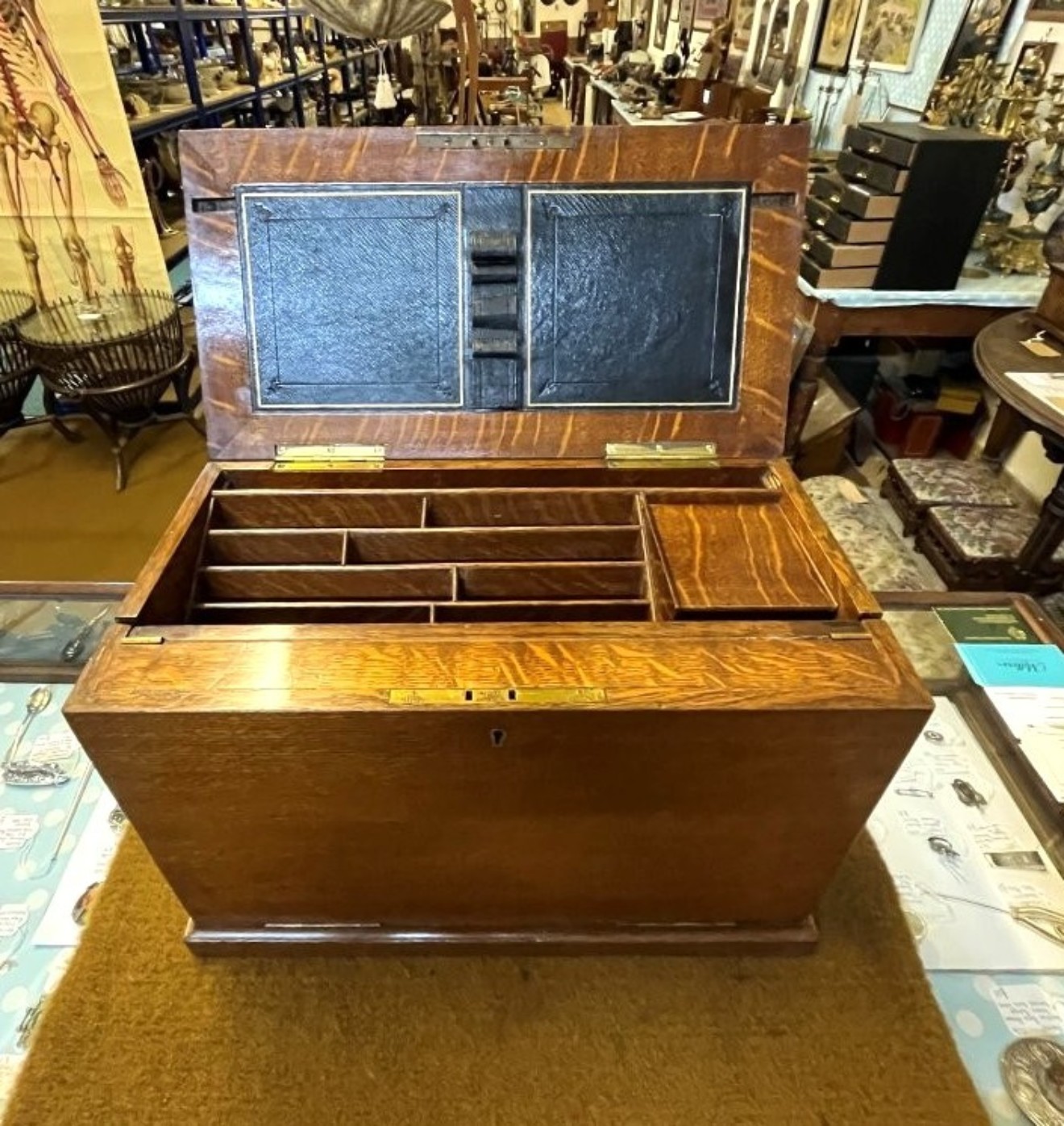 Edwardian Tiger Oak Stationery Cabinet / Writing Slope