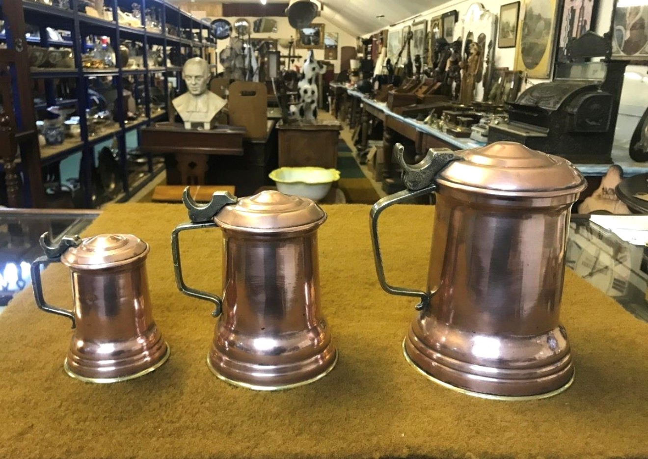 Vintage Set of 3 Graduated Copper Brass Lidded Jugs