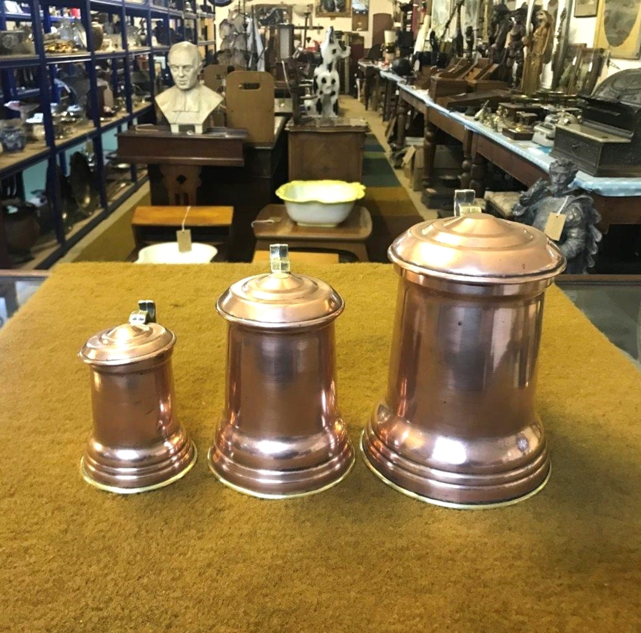 Vintage Set of 3 Graduated Copper Brass Lidded Jugs