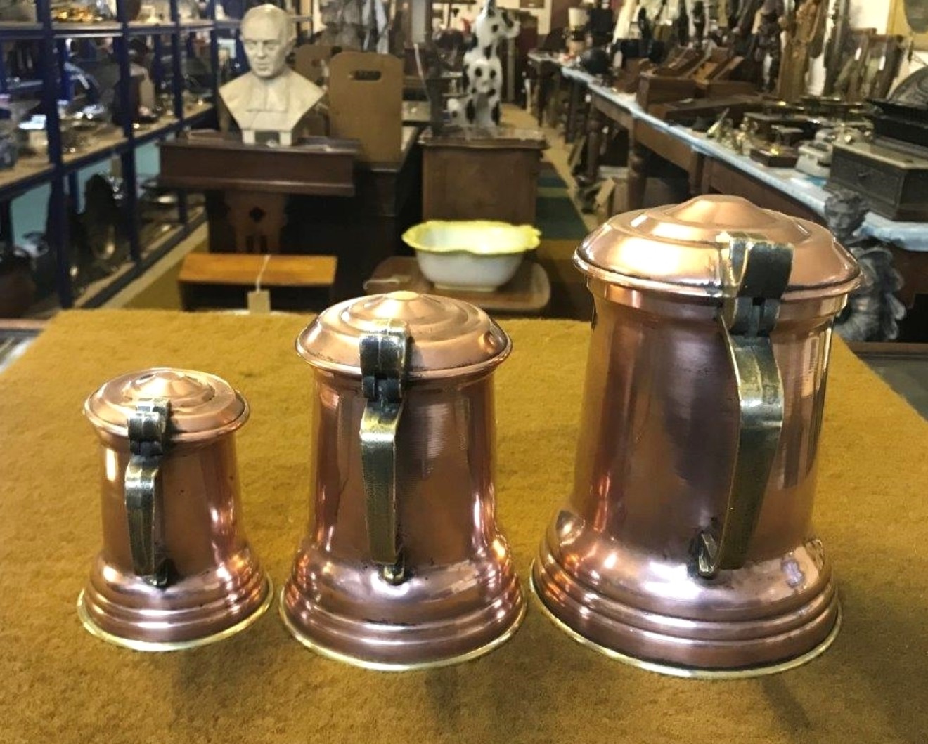 Vintage Set of 3 Graduated Copper Brass Lidded Jugs