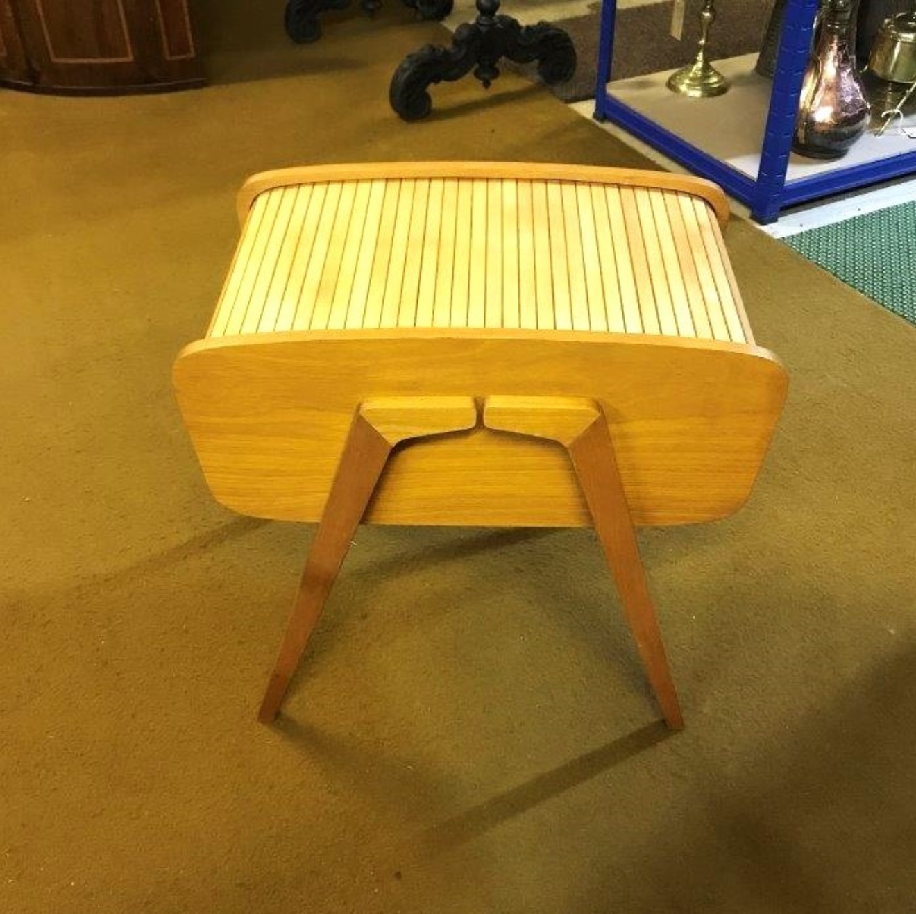 Mid Century Wooden Sewing Box with One Piece Roll Top / Tambour Lid and 2 Sliding Storage Sections