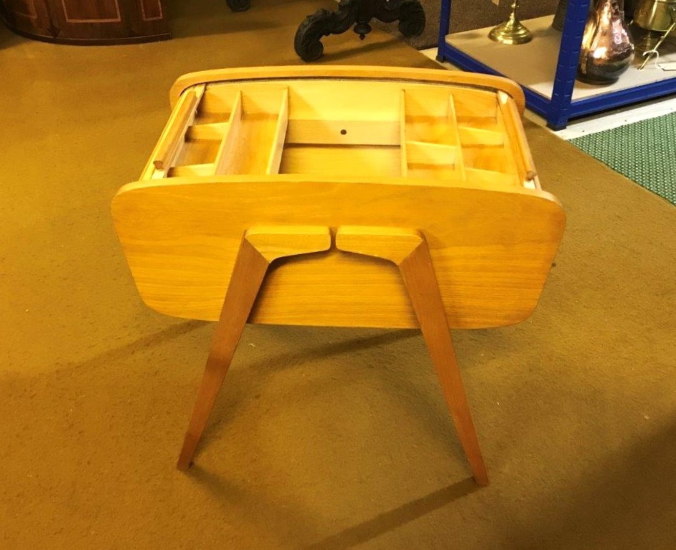 Mid Century Wooden Sewing Box with One Piece Roll Top / Tambour Lid and 2 Sliding Storage Sections