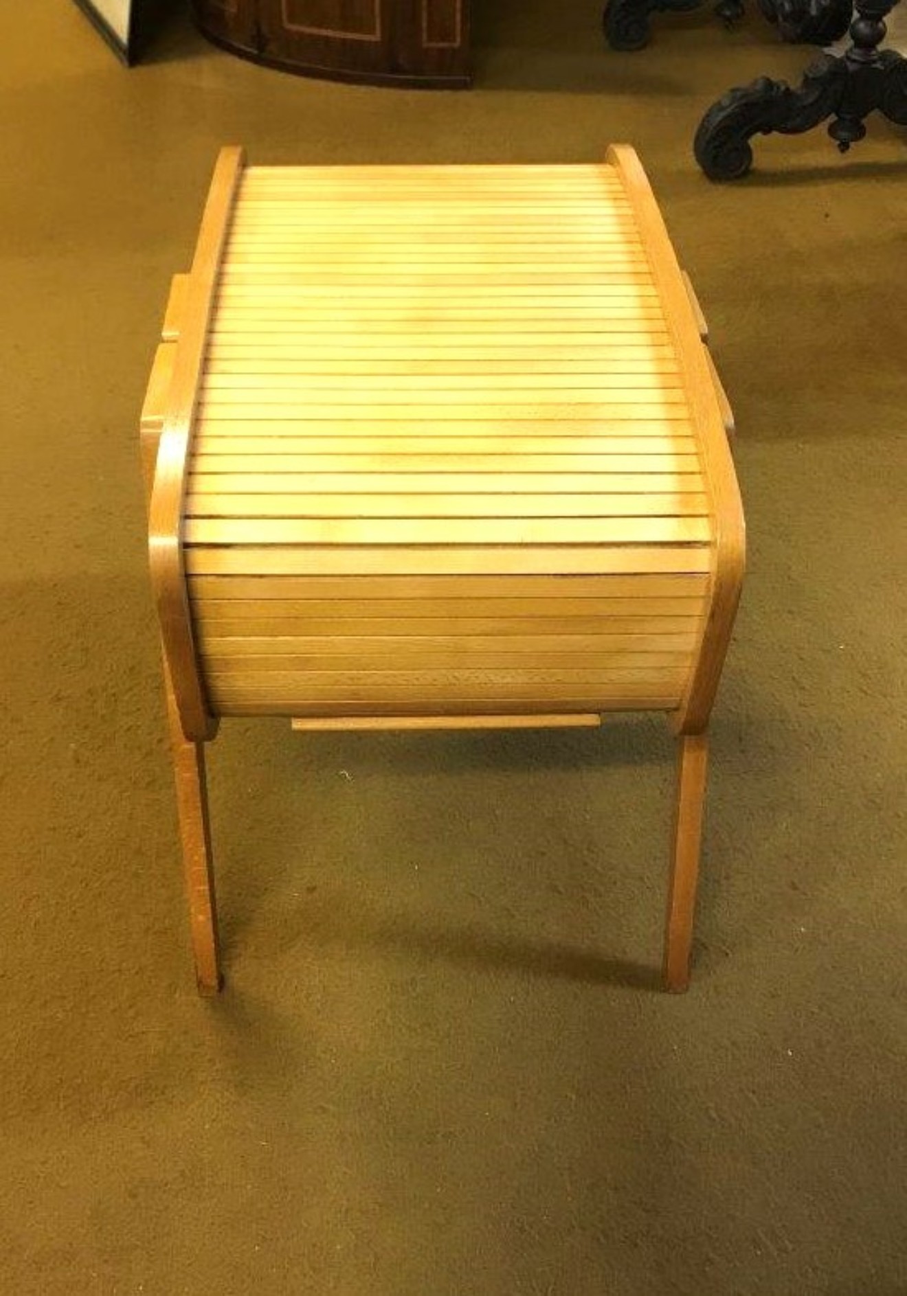 Mid Century Wooden Sewing Box with One Piece Roll Top / Tambour Lid and 2 Sliding Storage Sections