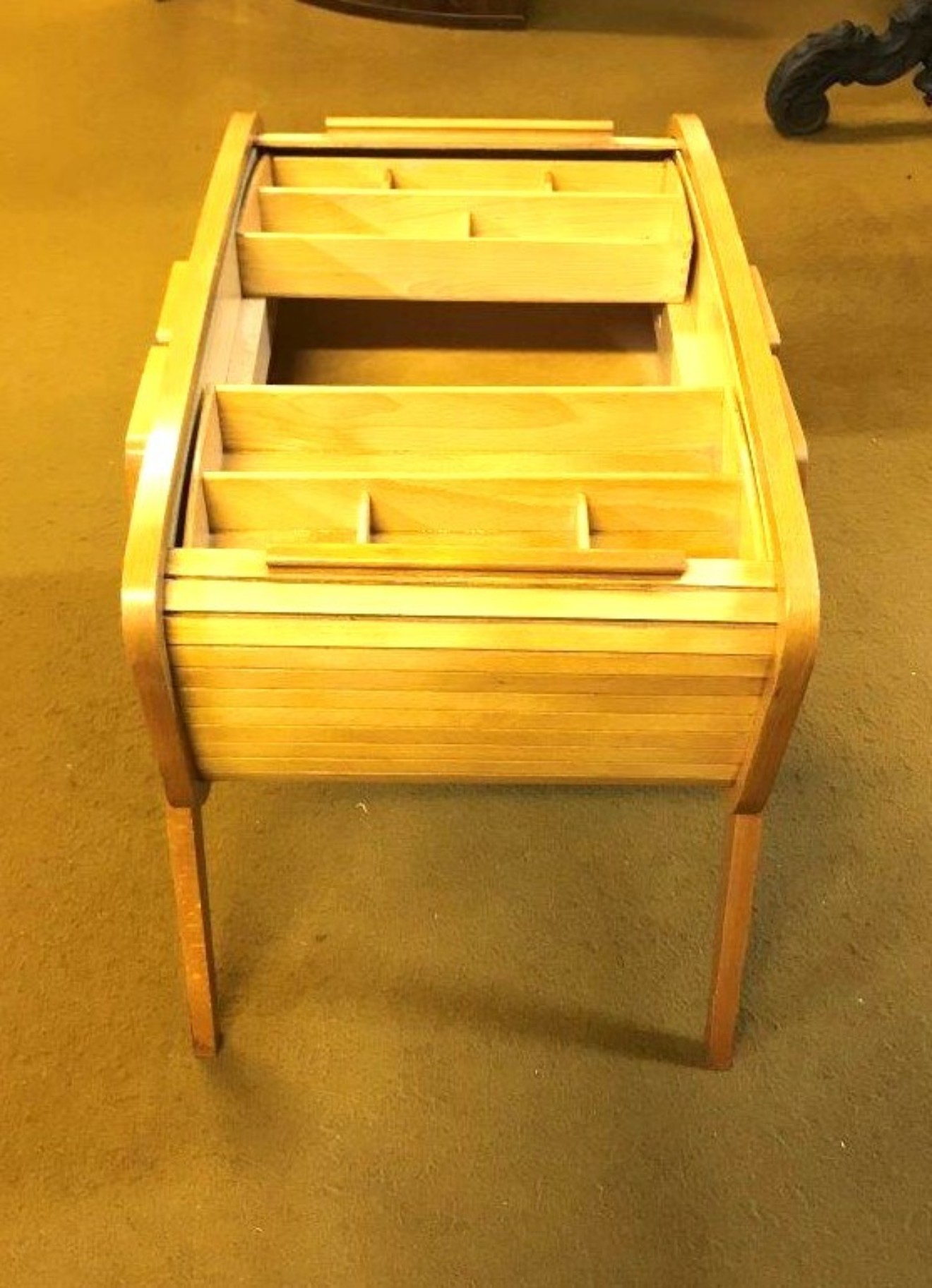 Mid Century Wooden Sewing Box with One Piece Roll Top / Tambour Lid and 2 Sliding Storage Sections