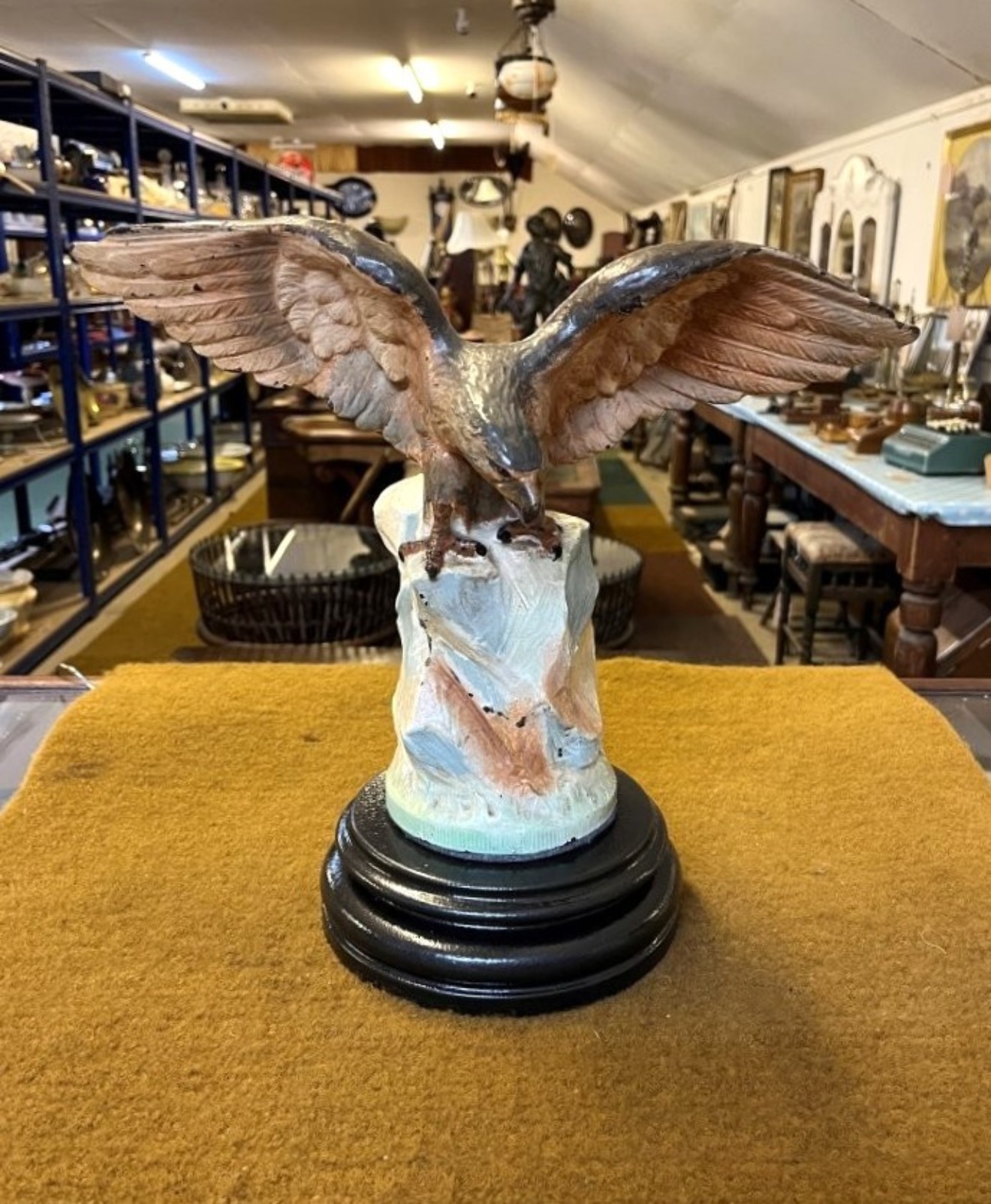 Vintage Cold Painted Cast Brass Eagle Figure On Heavy Ceramic Base