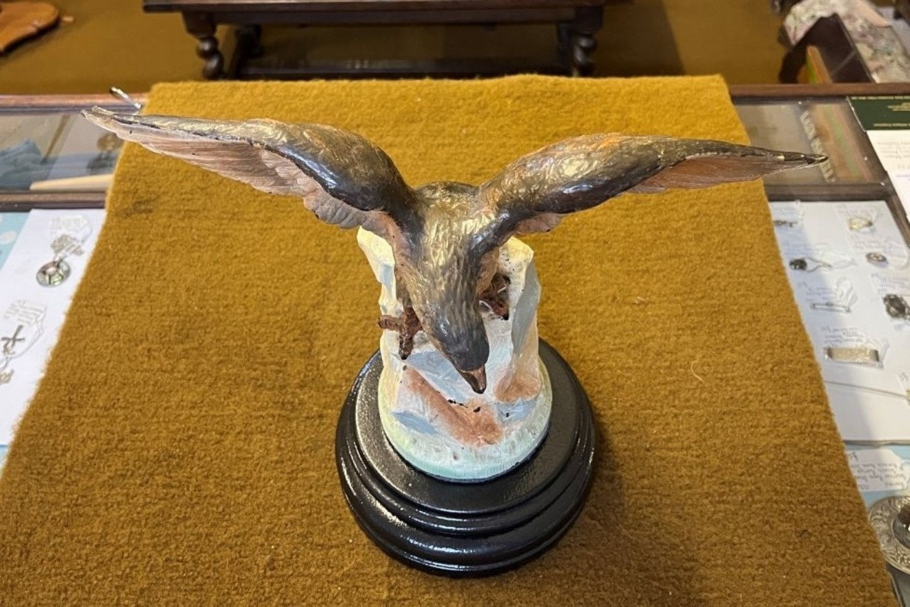 Vintage Cold Painted Cast Brass Eagle Figure On Heavy Ceramic Base