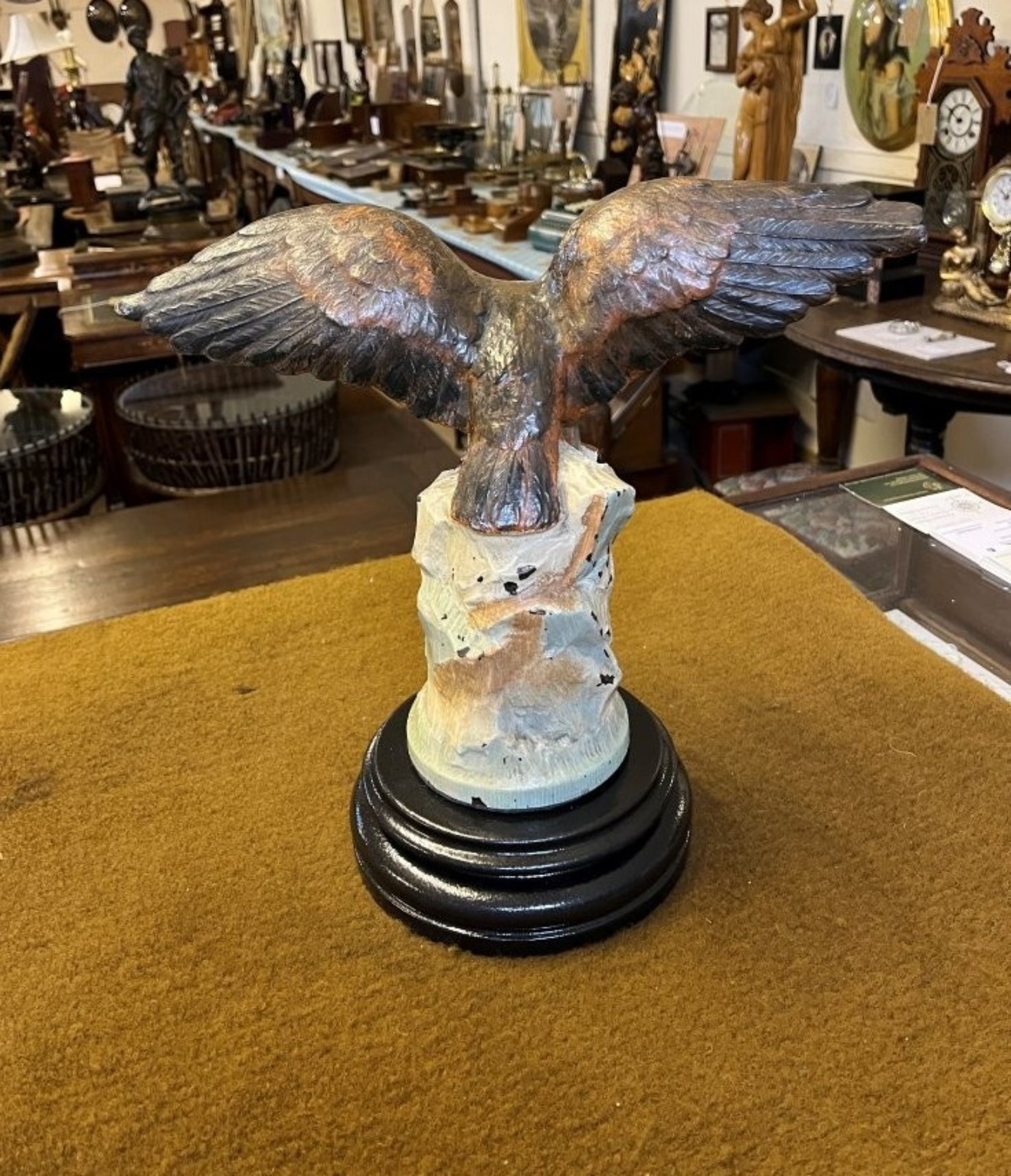 Vintage Cold Painted Cast Brass Eagle Figure On Heavy Ceramic Base