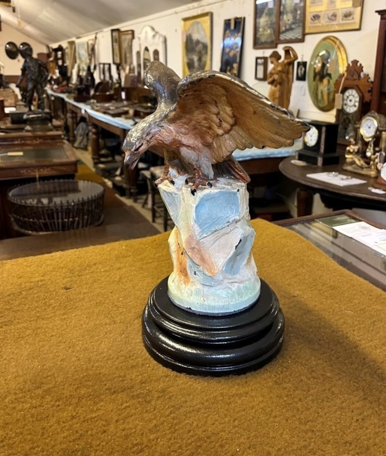Vintage Cold Painted Cast Brass Eagle Figure On Heavy Ceramic Base